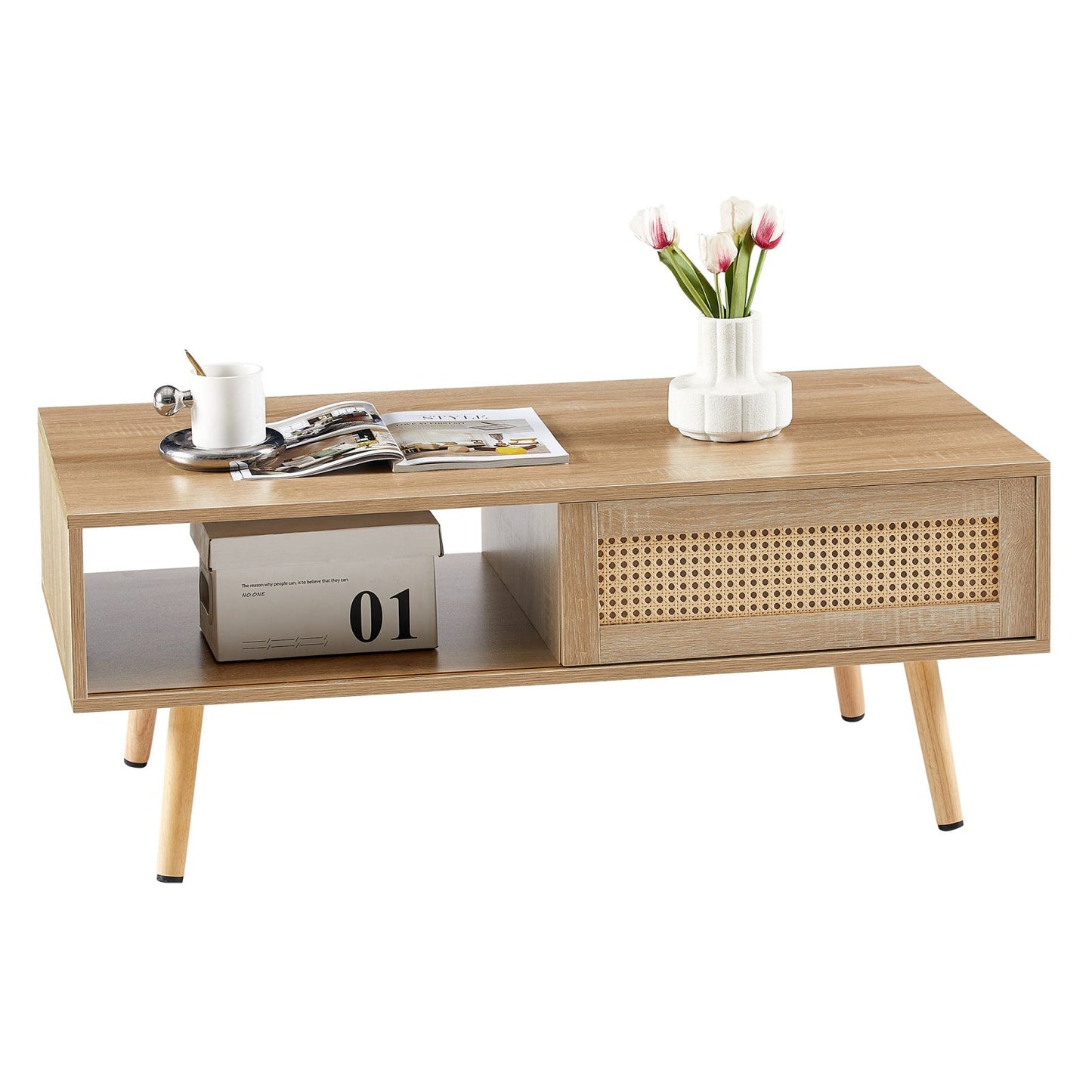 Melysen 41.34" Rattan Coffee table, sliding door for storage, solid wood legs, Modern table  for living room , natural