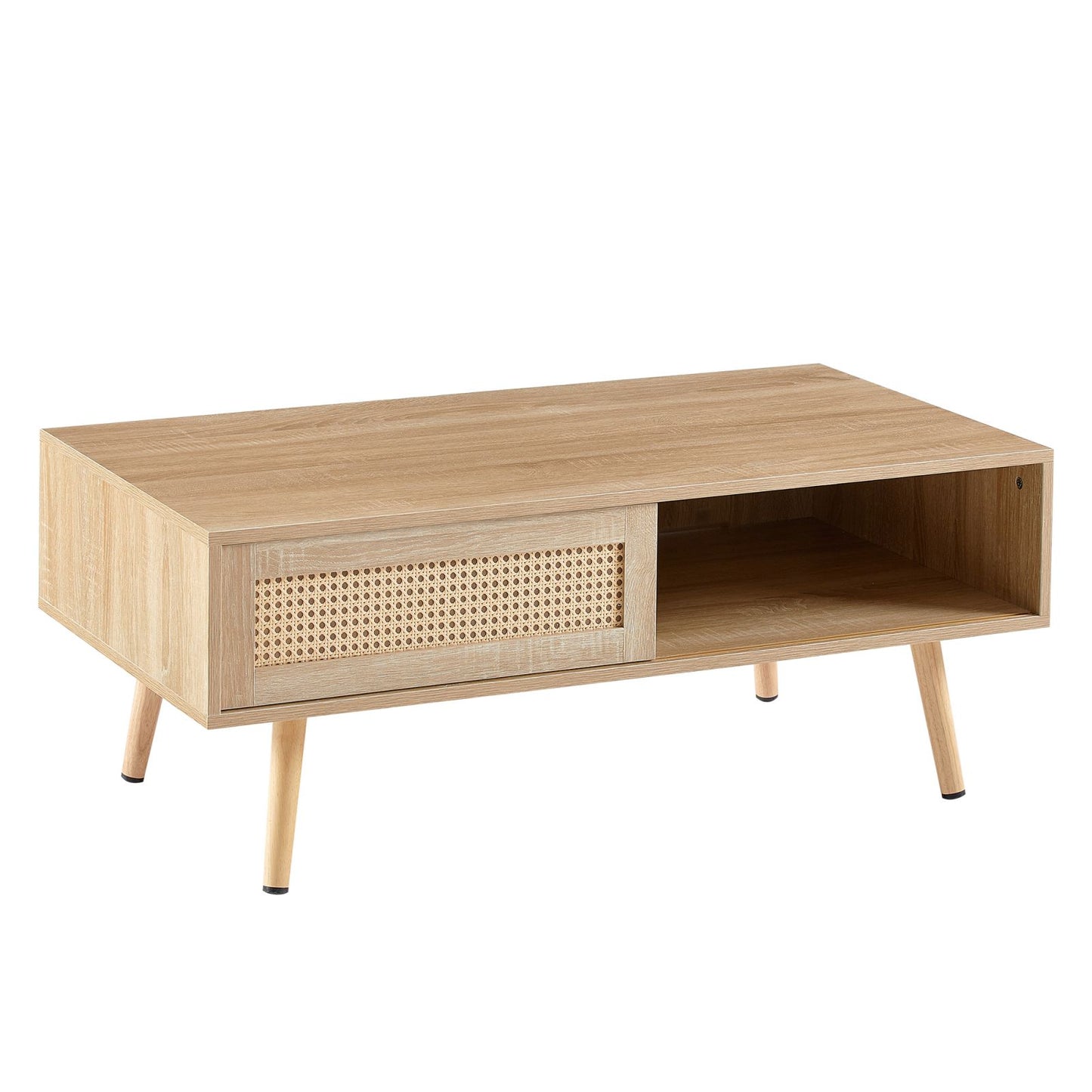 Melysen 41.34" Rattan Coffee table, sliding door for storage, solid wood legs, Modern table  for living room , natural