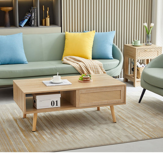 Melysen 41.34" Rattan Coffee table, sliding door for storage, solid wood legs, Modern table  for living room , natural