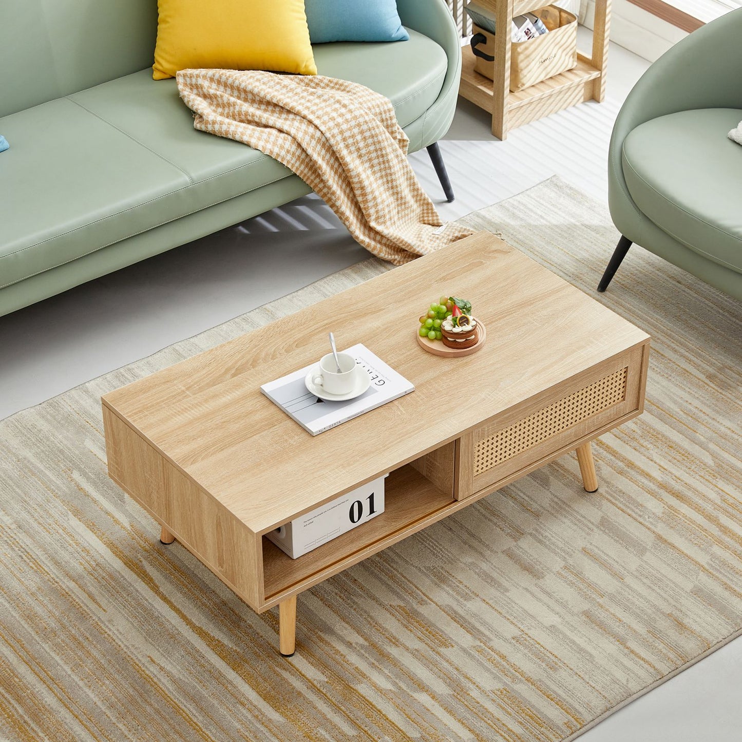 Melysen 41.34" Rattan Coffee table, sliding door for storage, solid wood legs, Modern table  for living room , natural