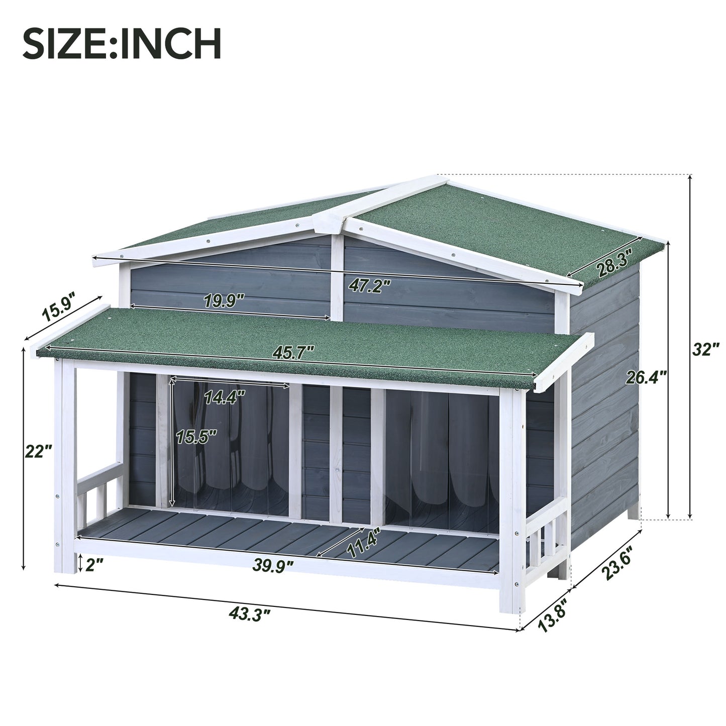 Melysen 47.2" Large Wooden Dog House Outdoor, Outdoor & Indoor Dog Crate, Cabin Style, With Porch, 2 Doors, Gray+Green