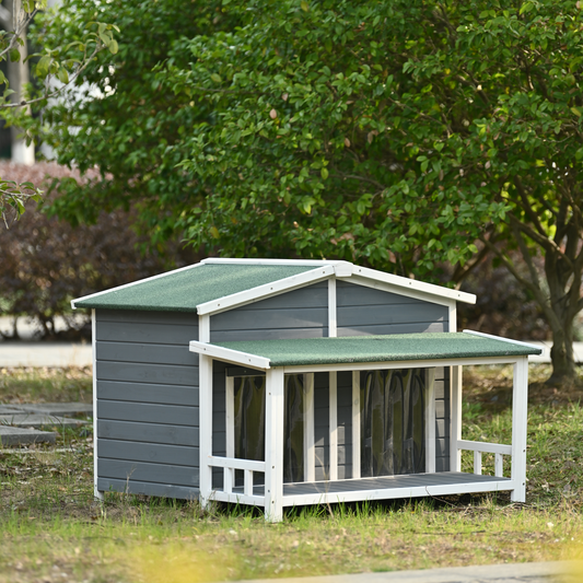 Melysen 47.2" Large Wooden Dog House Outdoor, Outdoor & Indoor Dog Crate, Cabin Style, With Porch, 2 Doors, Gray+Green