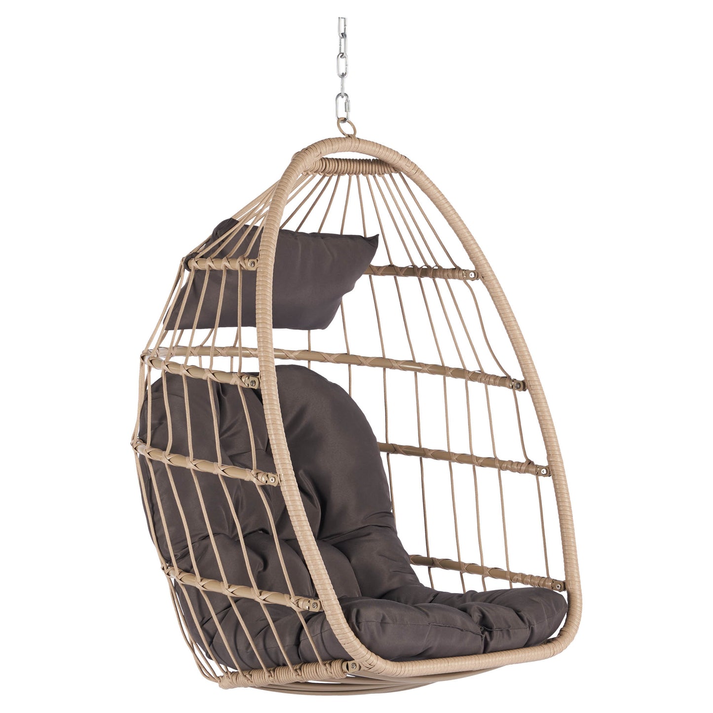 Melysen Outdoor Garden Rattan Egg Swing Chair Hanging Chair Wood+Dark Gray