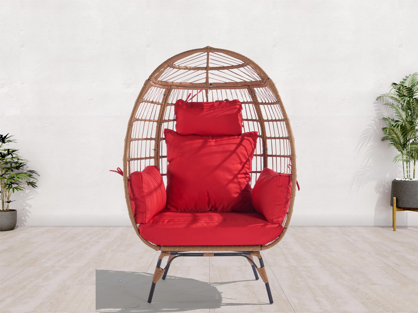 Melysen Wicker Egg Chair, Oversized Indoor Outdoor Lounger for Patio, Backyard, Living Room w/ 5 Cushions, Steel Frame, 440lb Capacity - Red