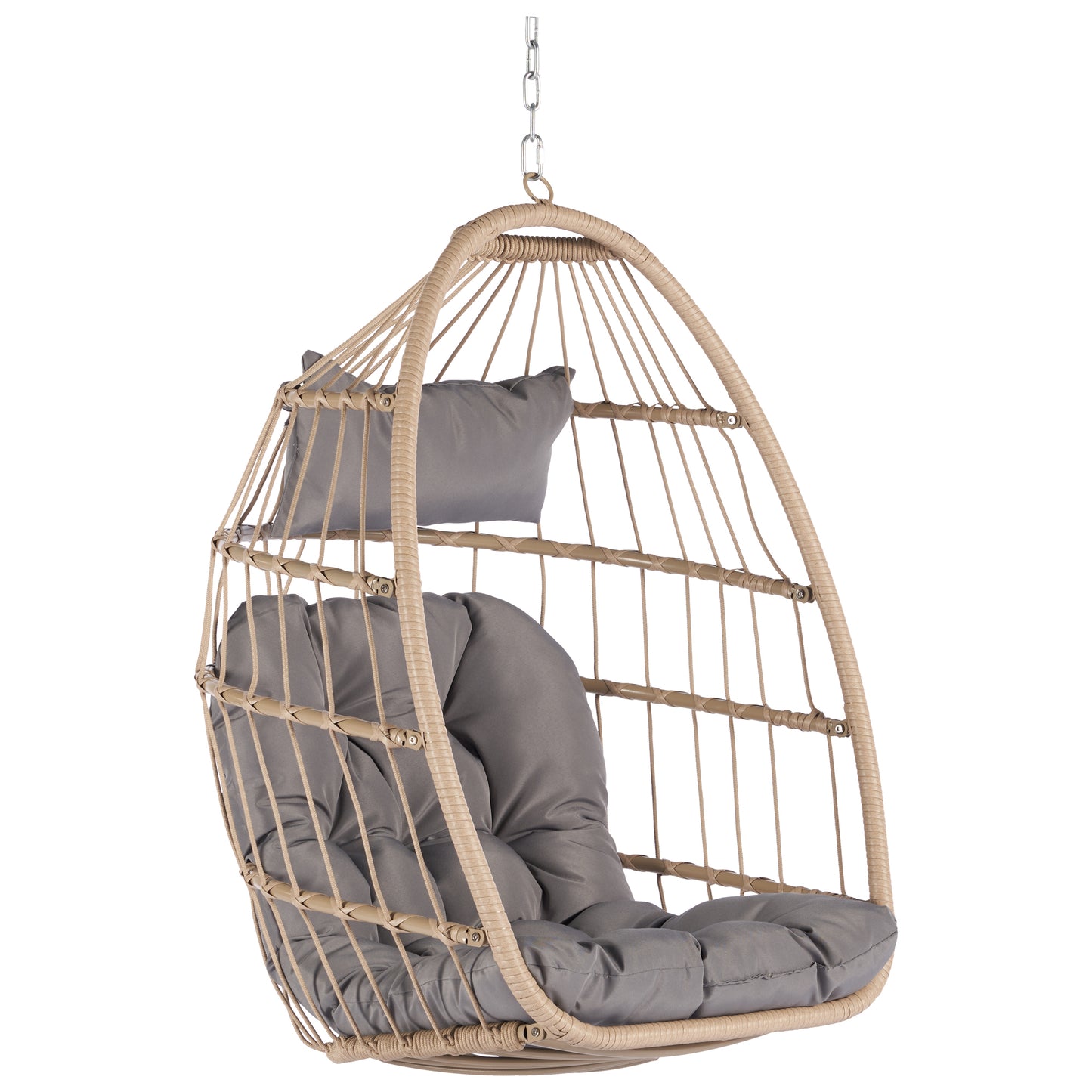 Melysen Outdoor Garden Rattan Egg Swing Chair Hanging Chair Wood+Light Gray