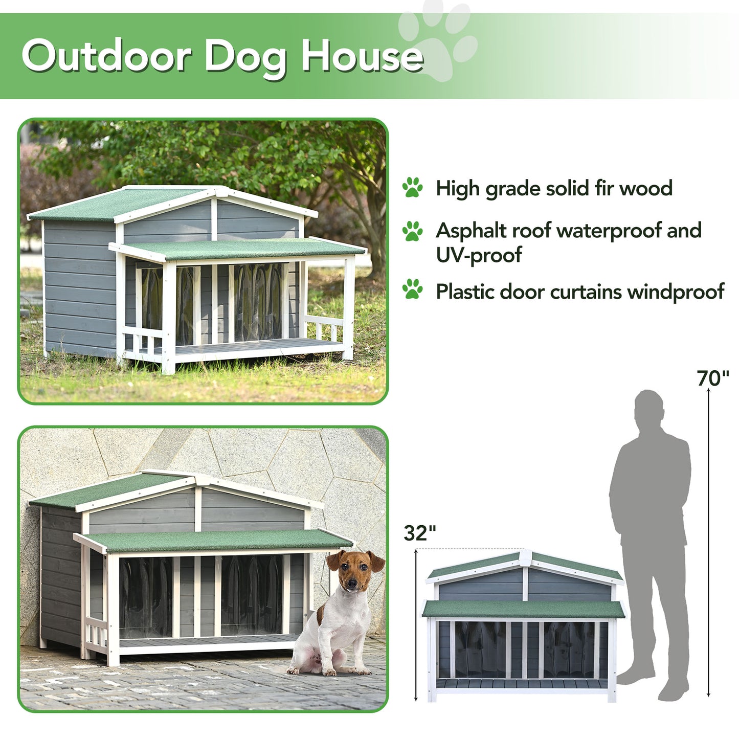 Melysen 47.2" Large Wooden Dog House Outdoor, Outdoor & Indoor Dog Crate, Cabin Style, With Porch, 2 Doors, Gray+Green