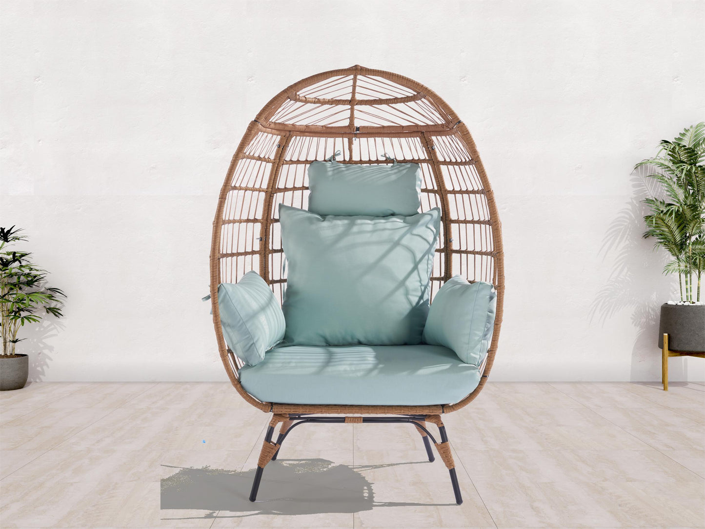 Melysen Wicker Egg Chair, Oversized Indoor Outdoor Lounger for Patio, Backyard, Living Room w/ 5 Cushions, Steel Frame, 440lb Capacity - Light Blue