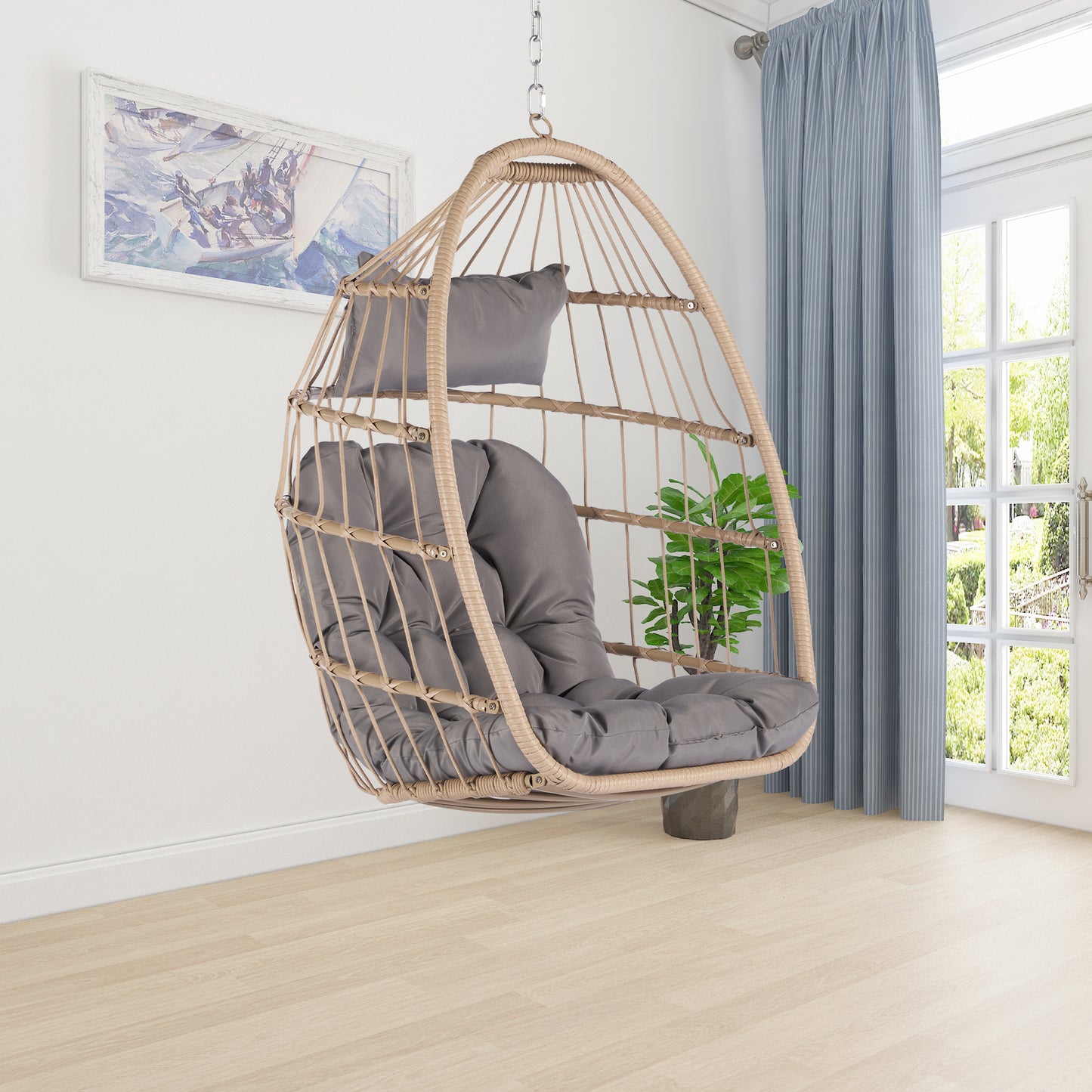 Melysen Outdoor Garden Rattan Egg Swing Chair Hanging Chair Wood+Light Gray