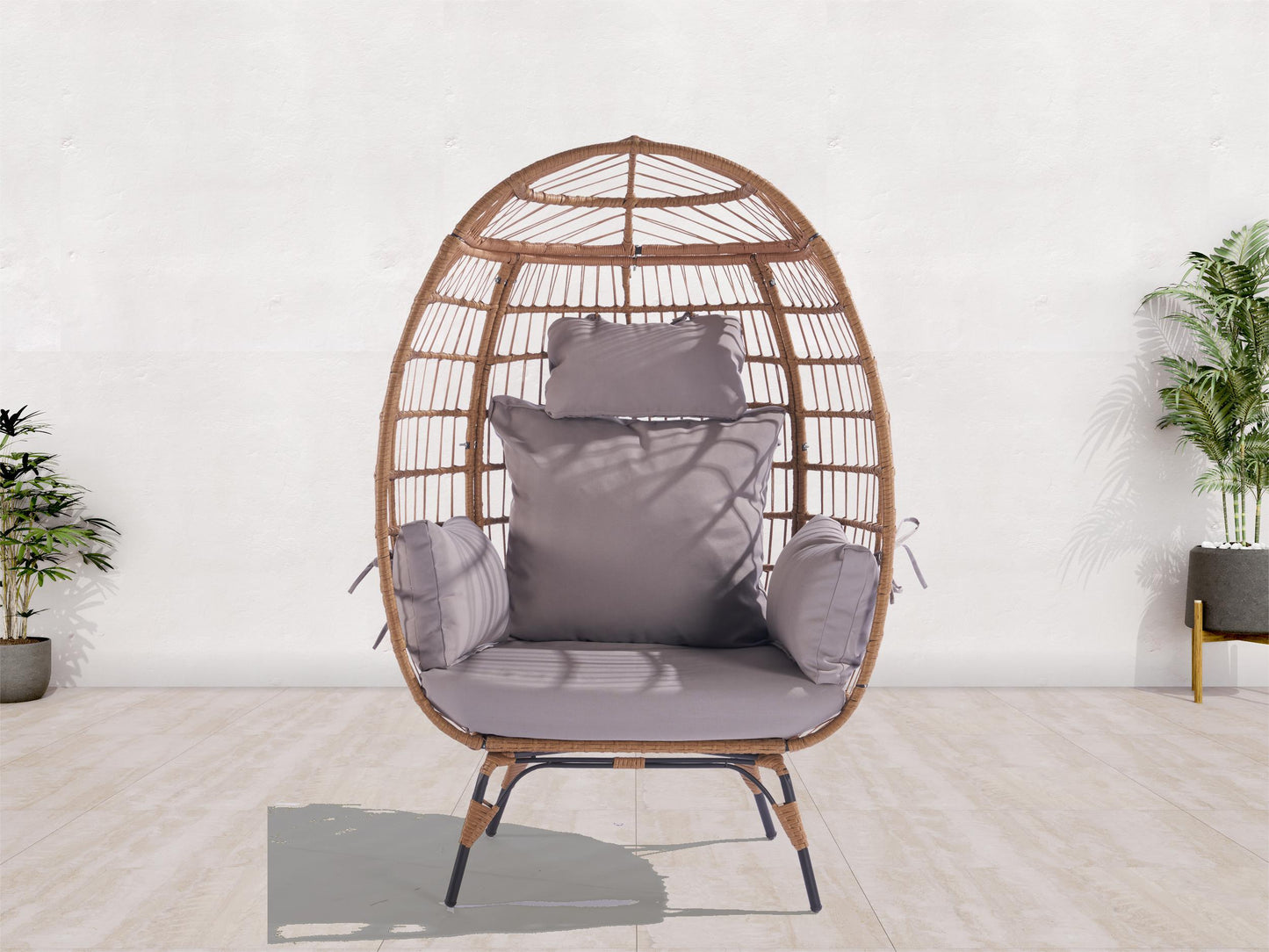 Melysen Wicker Egg Chair, Oversized Indoor Outdoor Lounger for Patio, Backyard, Living Room w/ 5 Cushions, Steel Frame, 440lb Capacity - Light Grey