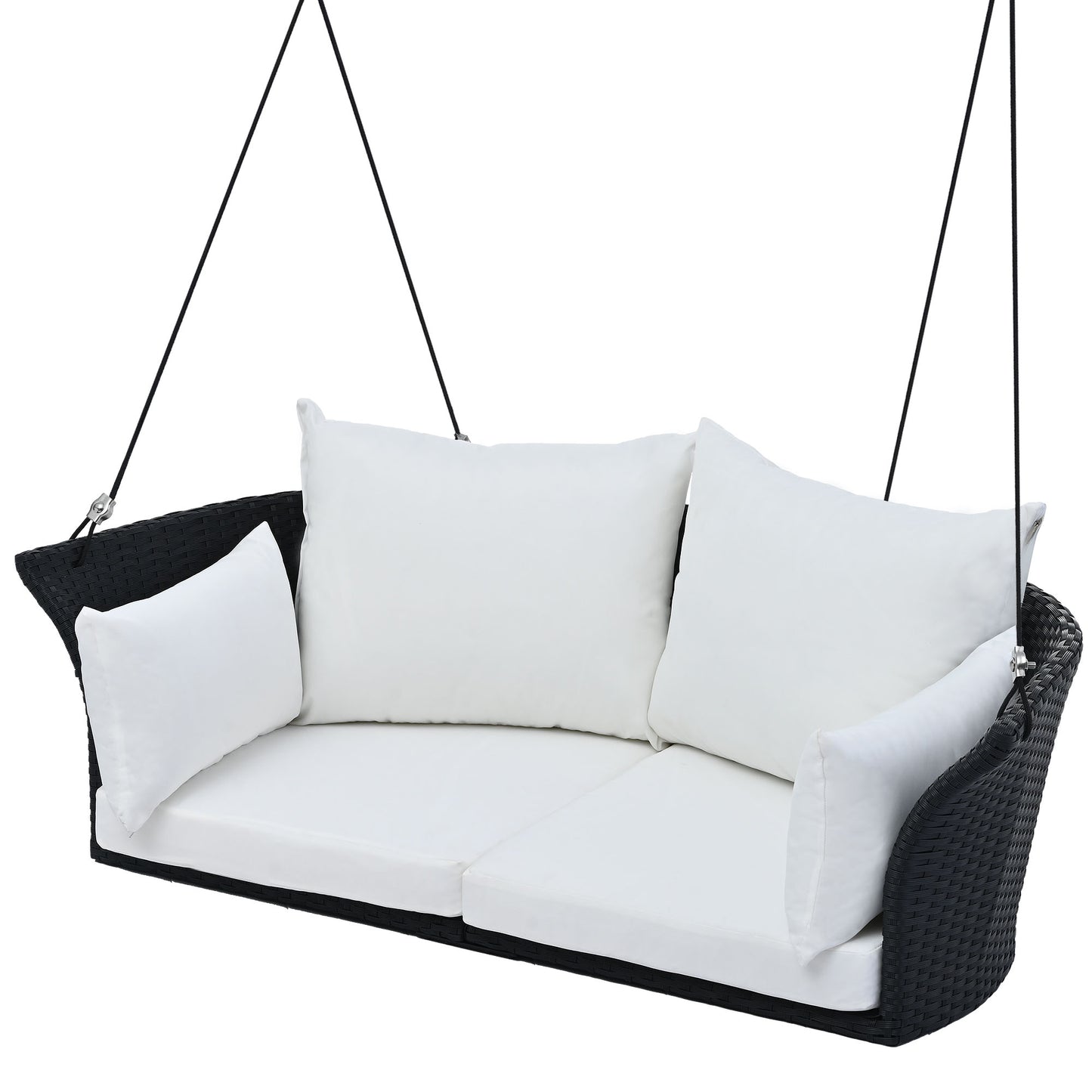 Melysen 51.9" 2-Person Hanging Seat, Rattan Woven Swing Chair, Porch Swing With Ropes, Black Wicker+White Cushion