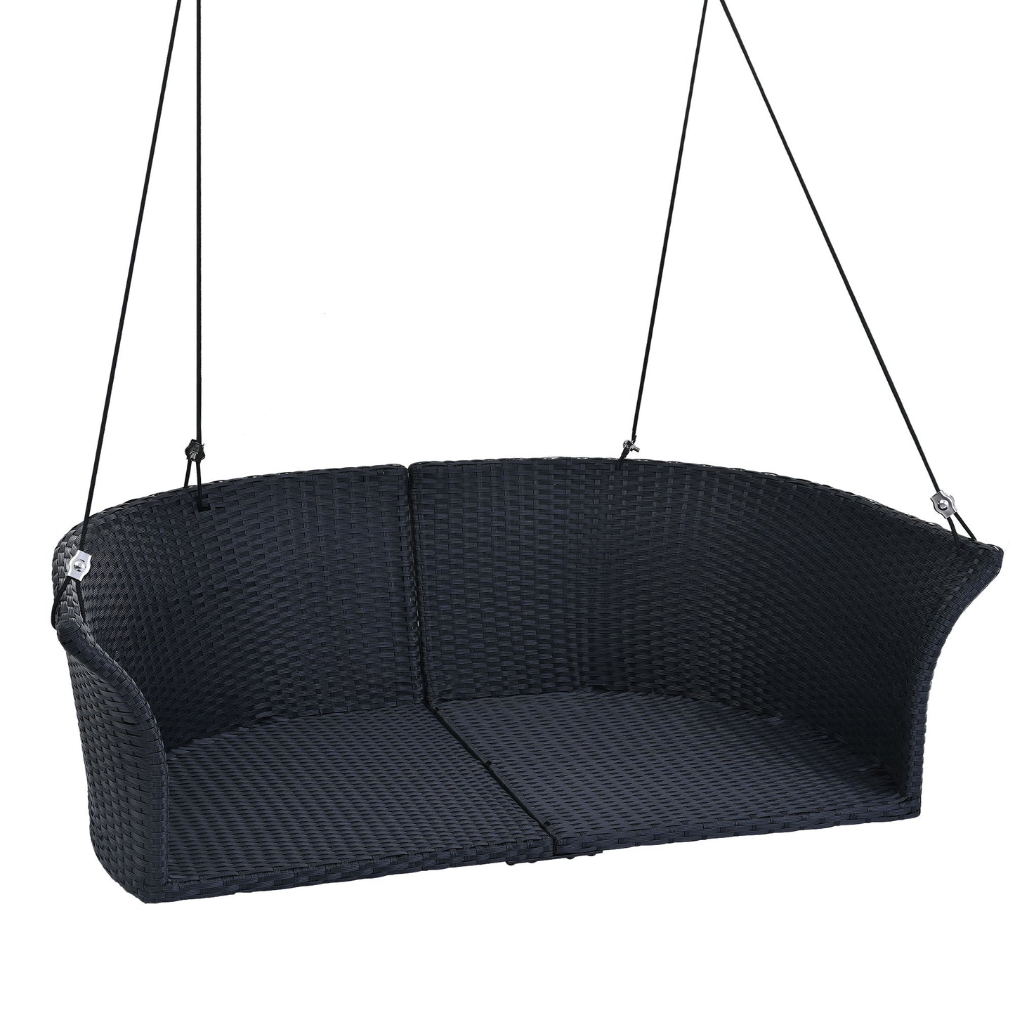 Melysen 51.9" 2-Person Hanging Seat, Rattan Woven Swing Chair, Porch Swing With Ropes, Black Wicker+White Cushion