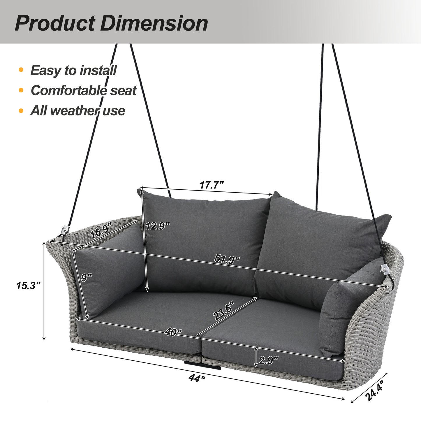 Melysen 51.9" 2-Person Hanging Seat, Rattan Woven Swing Chair, Porch Swing With Ropes,  Gray Wicker+Cushion