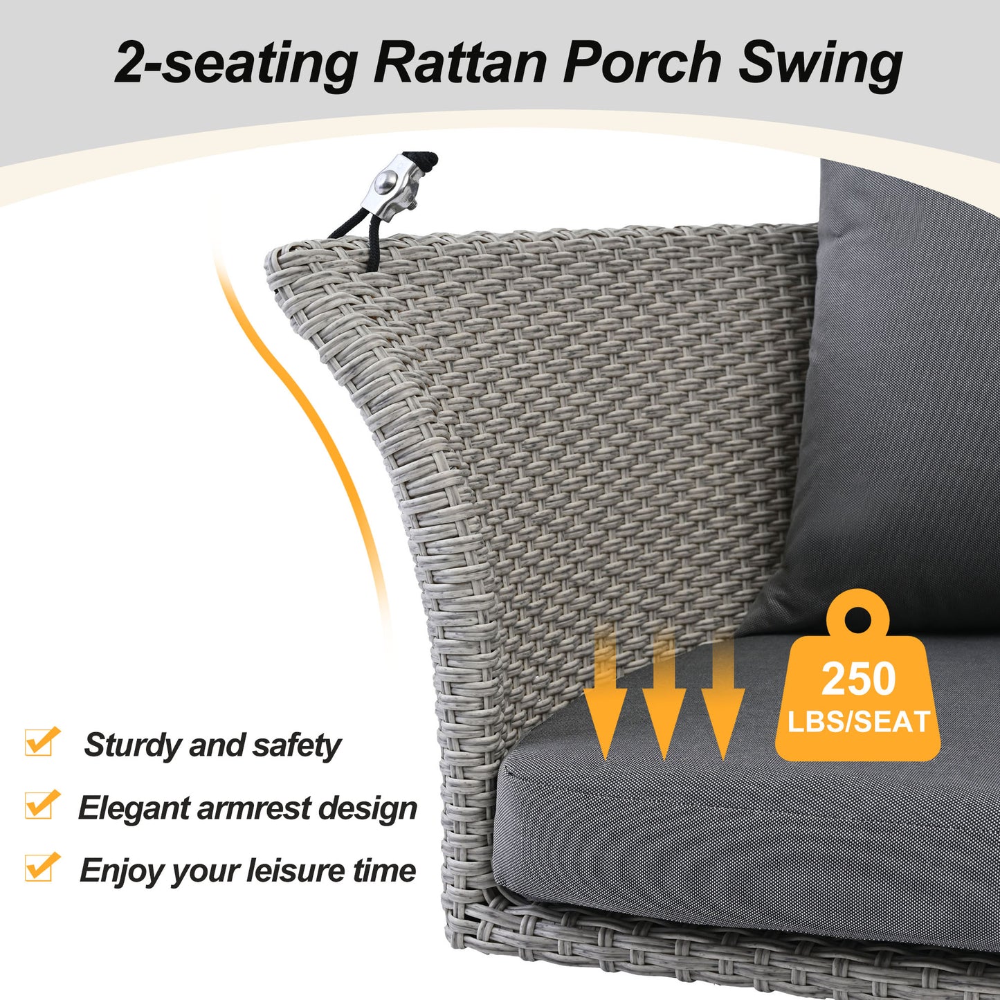 Melysen 51.9" 2-Person Hanging Seat, Rattan Woven Swing Chair, Porch Swing With Ropes,  Gray Wicker+Cushion