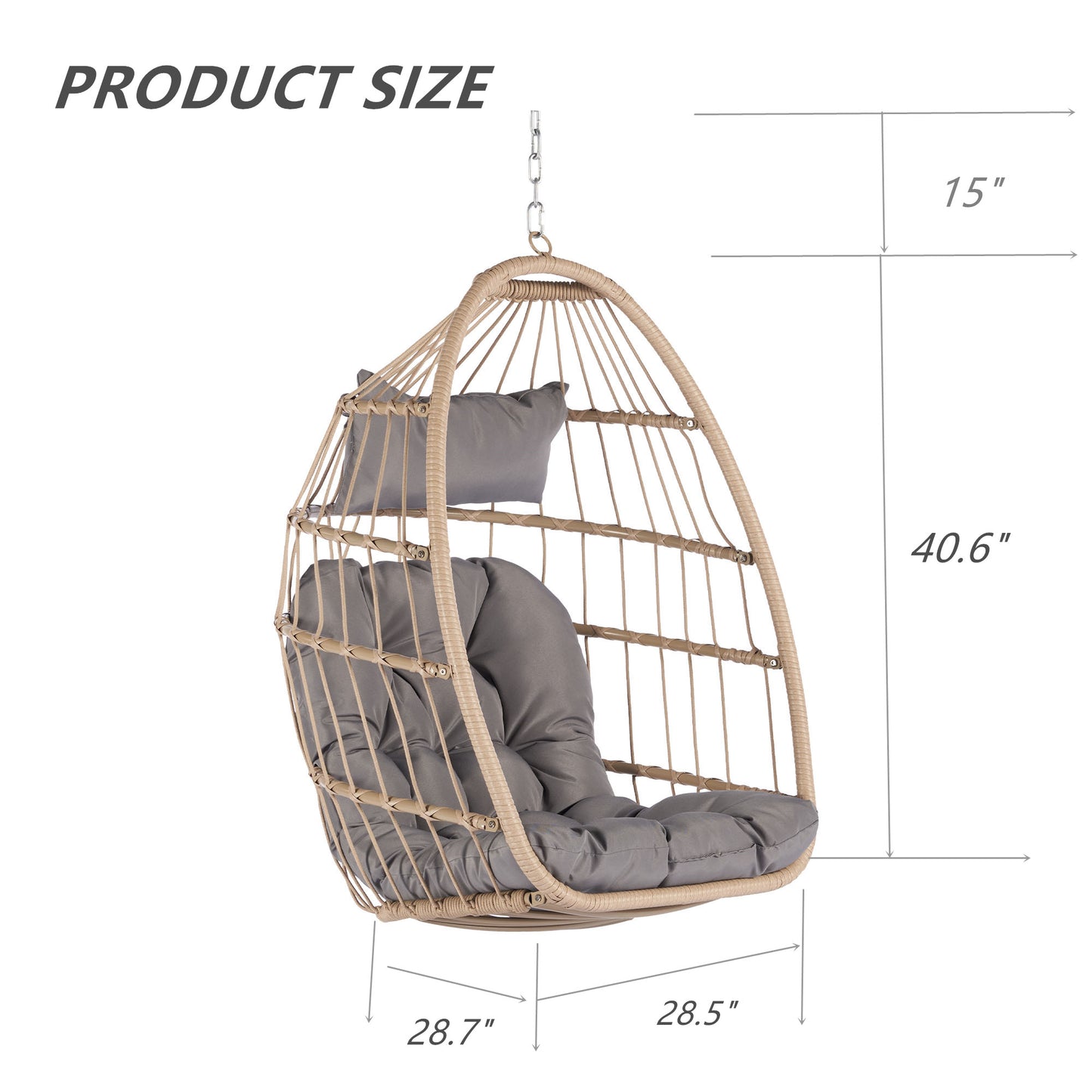 Melysen Outdoor Garden Rattan Egg Swing Chair Hanging Chair Wood+Light Gray