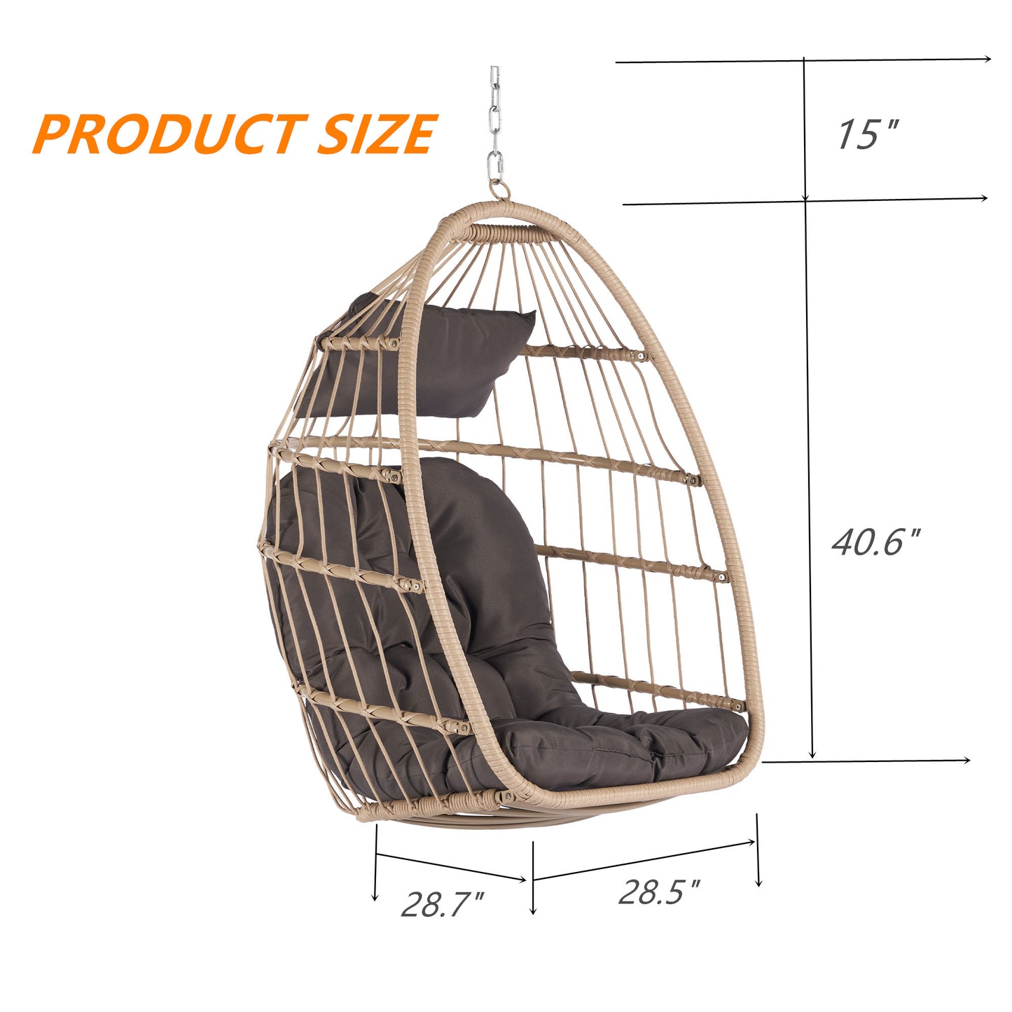 Melysen Outdoor Garden Rattan Egg Swing Chair Hanging Chair Wood+Dark Gray