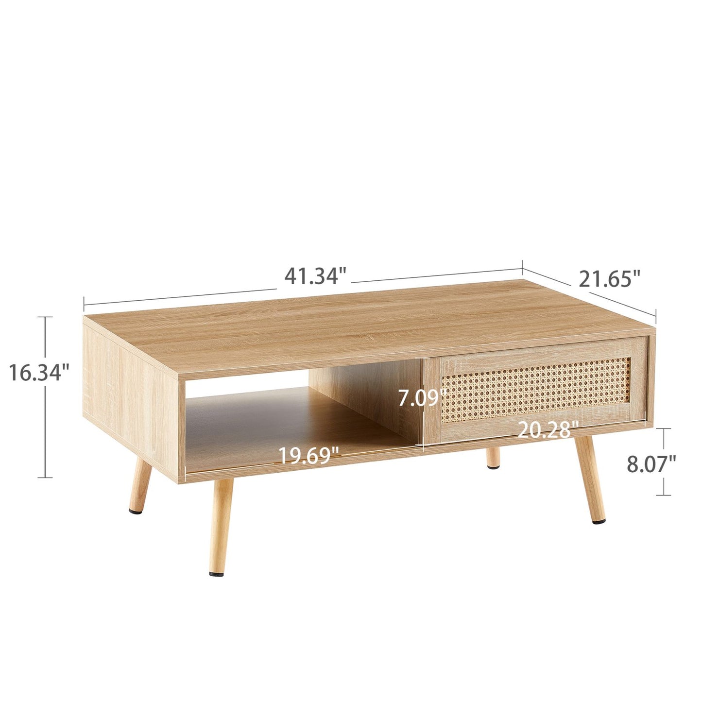 Melysen 41.34" Rattan Coffee table, sliding door for storage, solid wood legs, Modern table  for living room , natural