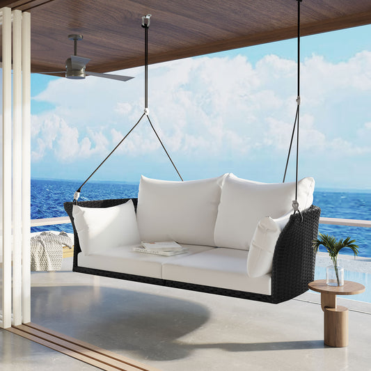 Melysen 51.9" 2-Person Hanging Seat, Rattan Woven Swing Chair, Porch Swing With Ropes, Black Wicker+White Cushion