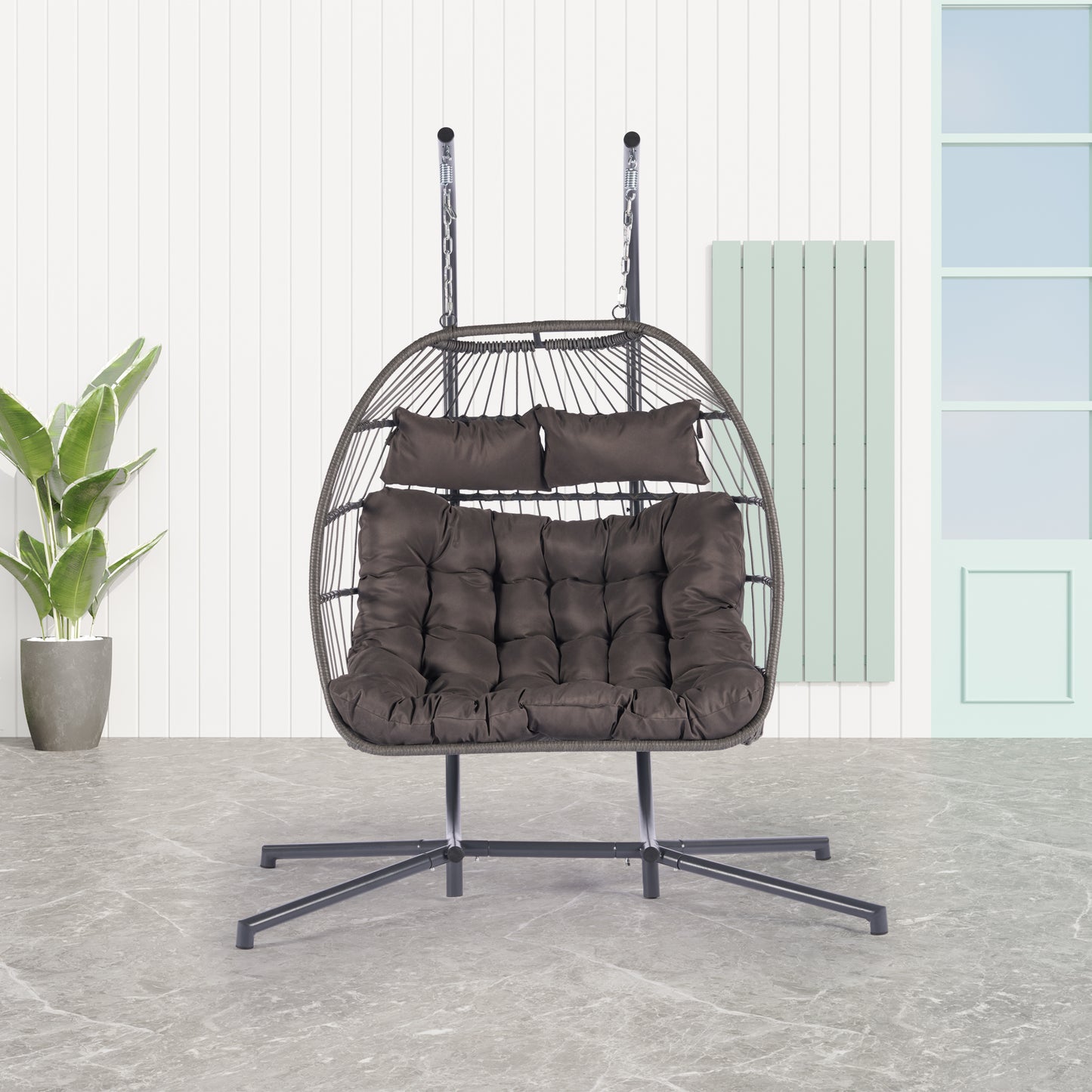 Melysen 2 Person Outdoor Rattan Hanging Chair Patio Wicker Egg Chair,Dark Gray