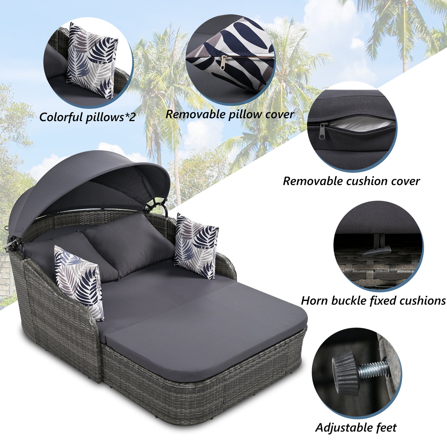 Melysen 79.9" Outdoor Sunbed with Adjustable Canopy, Double lounge, PE Rattan Daybed, Gray Wicker+Cushion