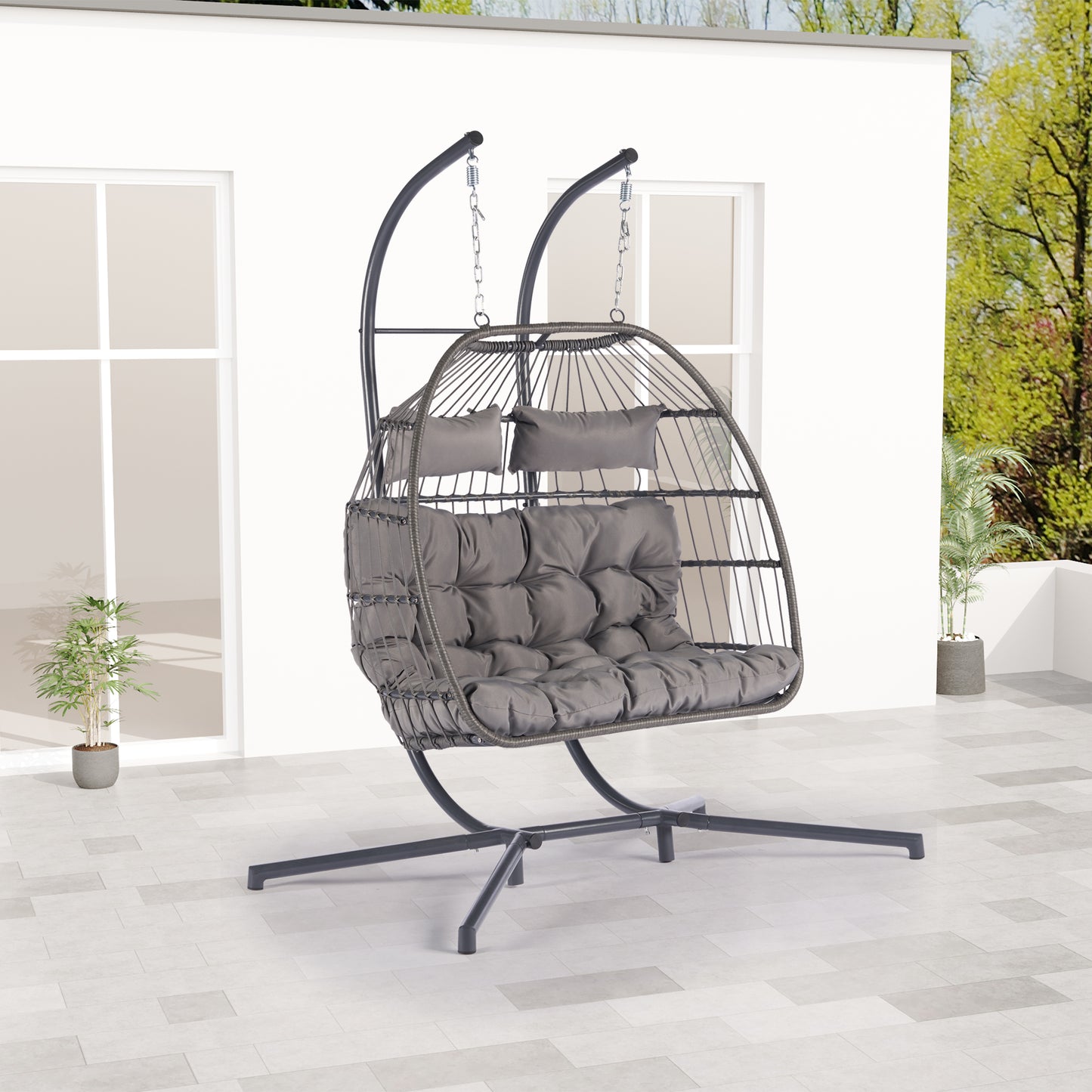 Melysen 2 Person Outdoor Rattan Hanging Chair Patio Wicker Egg Chair,Light Gray