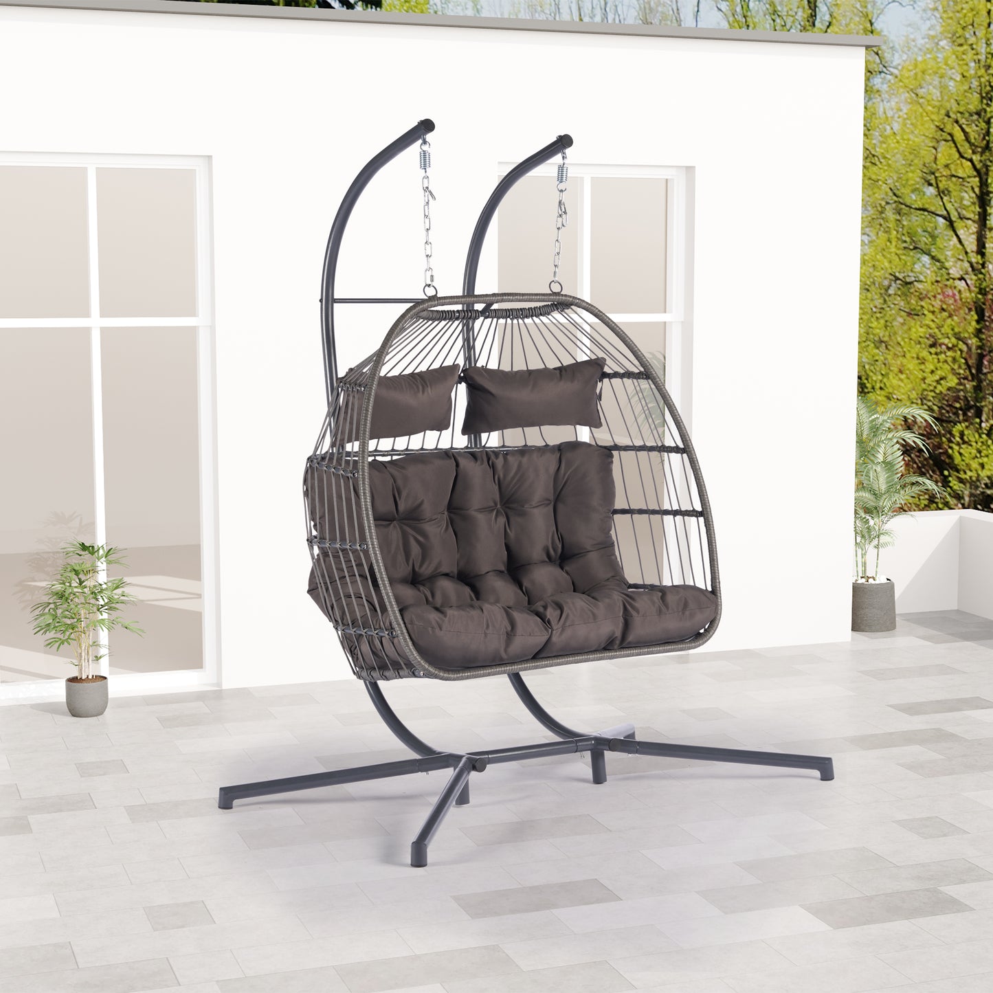 Melysen 2 Person Outdoor Rattan Hanging Chair Patio Wicker Egg Chair,Dark Gray