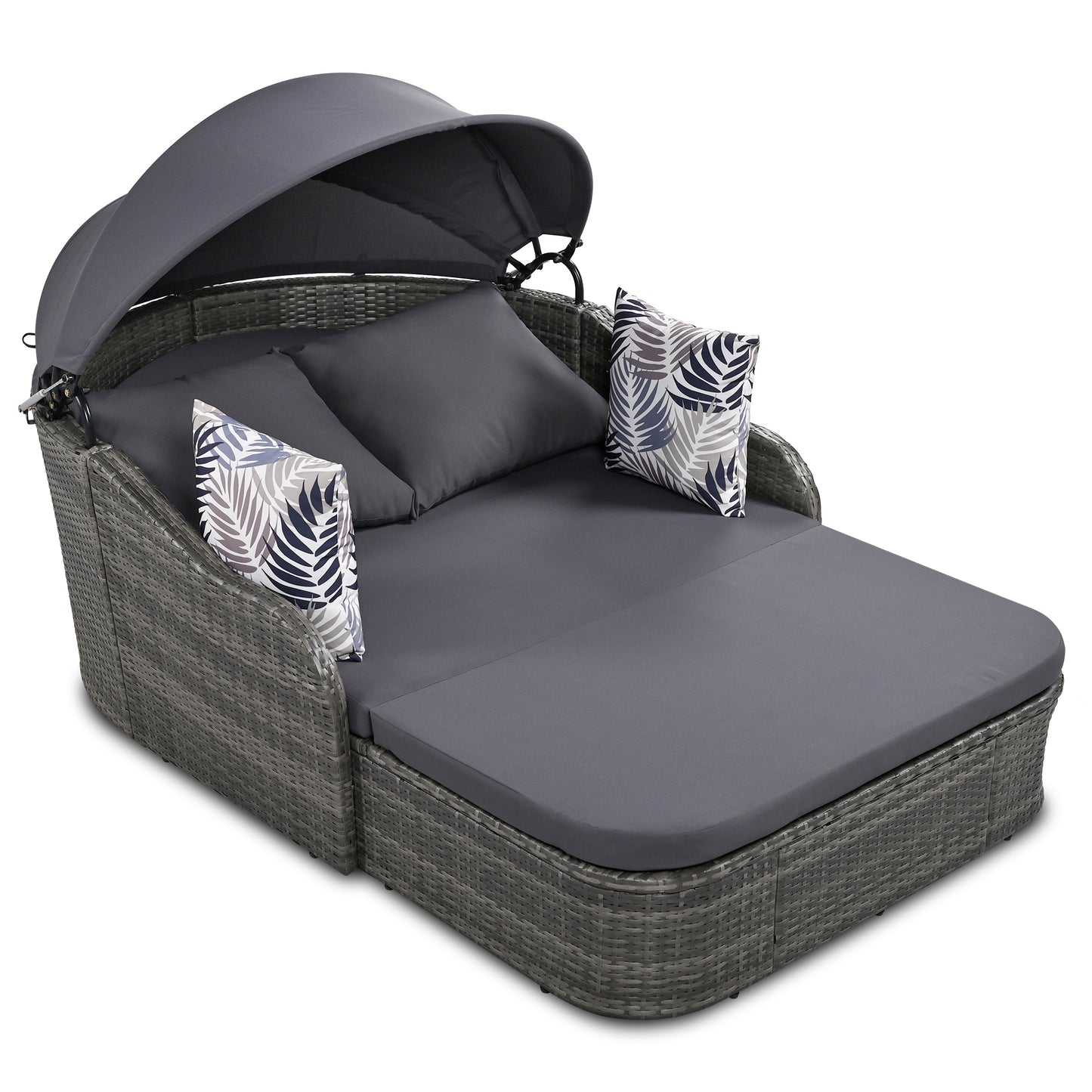 Melysen 79.9" Outdoor Sunbed with Adjustable Canopy, Double lounge, PE Rattan Daybed, Gray Wicker+Cushion