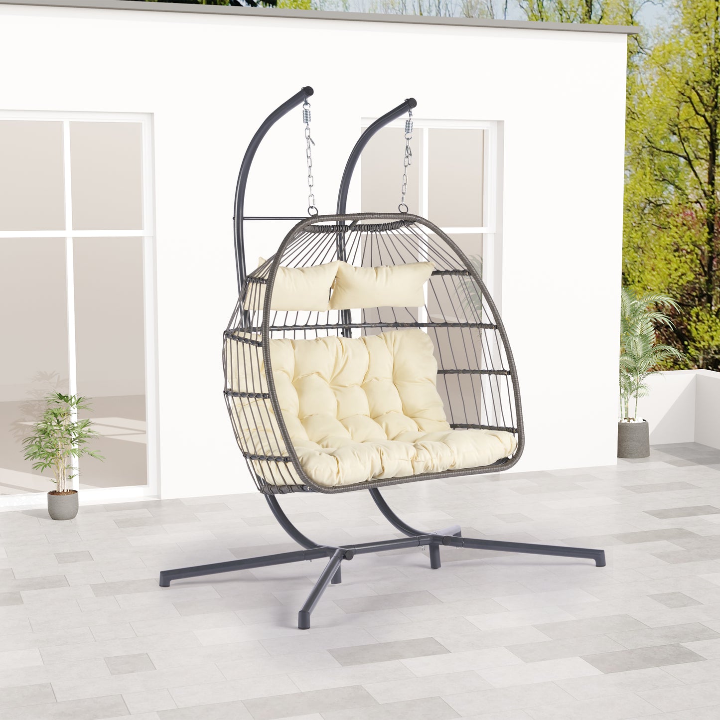 Melysen 2 Person Outdoor Rattan Hanging Chair Patio Wicker Egg Chair,Beige