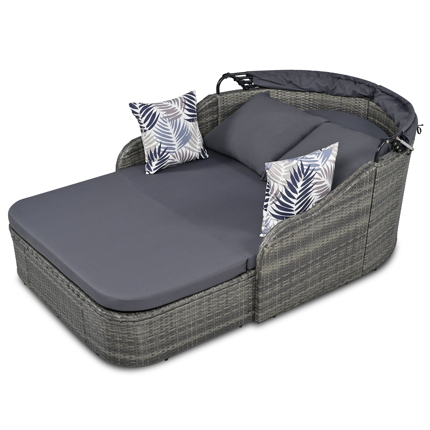 Melysen 79.9" Outdoor Sunbed with Adjustable Canopy, Double lounge, PE Rattan Daybed, Gray Wicker+Cushion