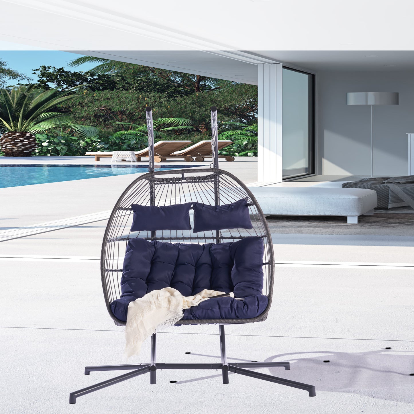 Melysen 2 Person Outdoor Rattan Hanging Chair Patio Wicker Egg Chair,Dark Blue