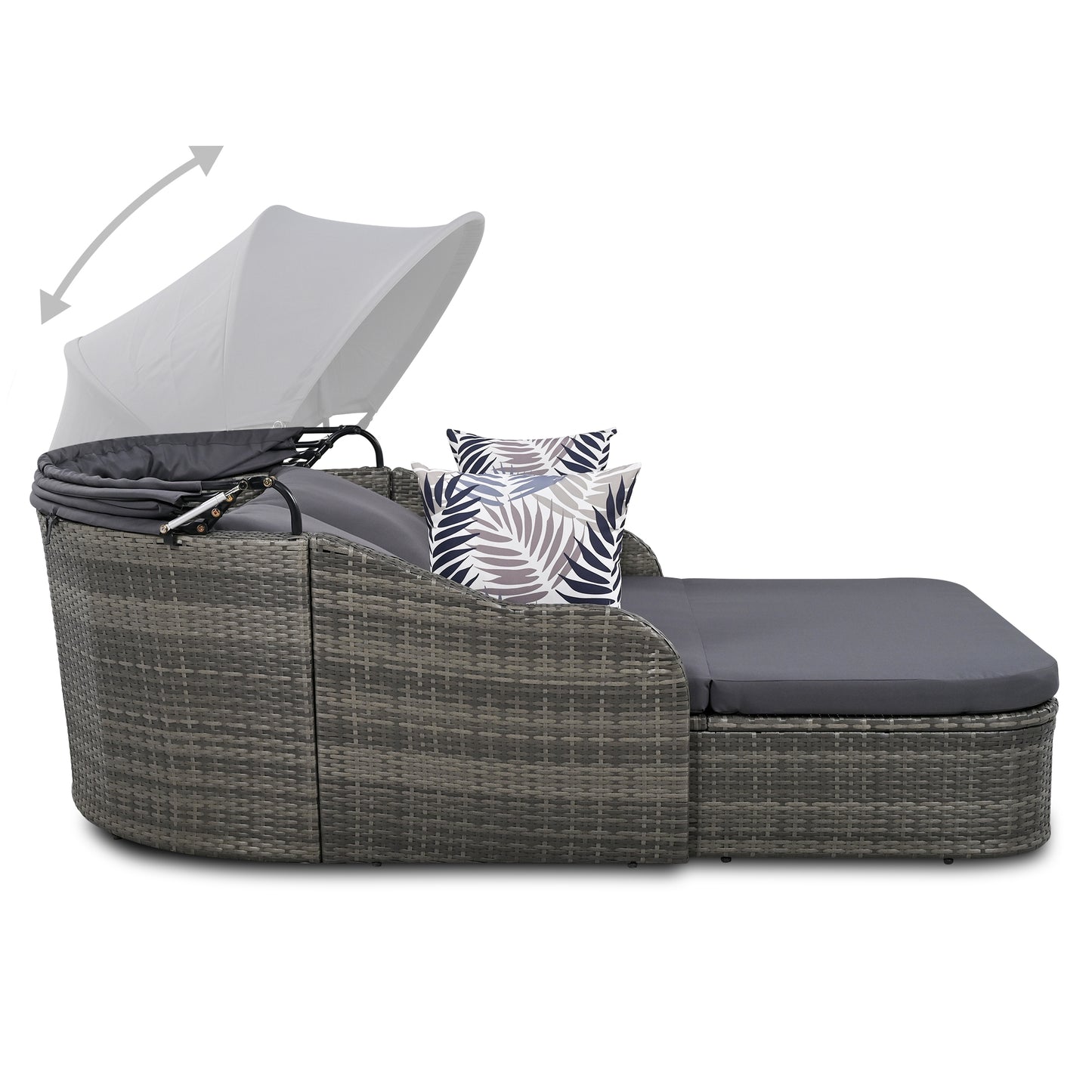 Melysen 79.9" Outdoor Sunbed with Adjustable Canopy, Double lounge, PE Rattan Daybed, Gray Wicker+Cushion