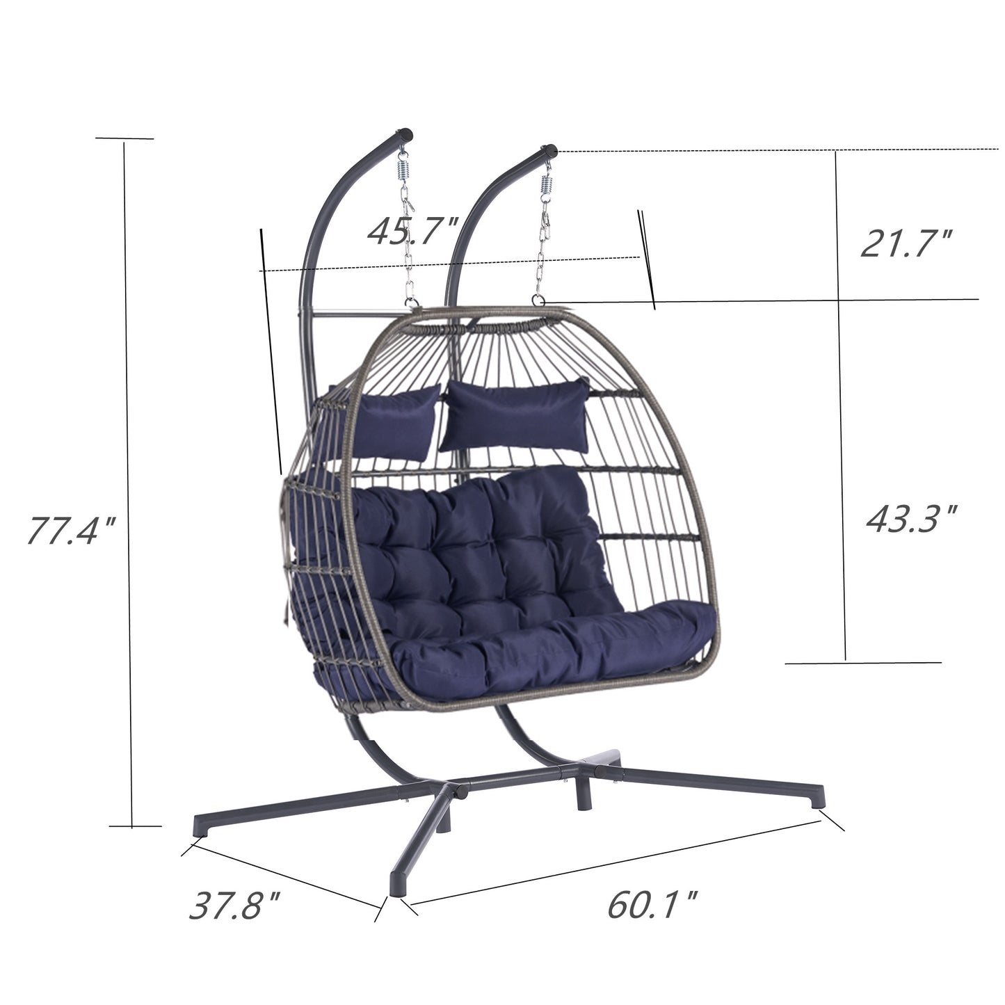 Melysen 2 Person Outdoor Rattan Hanging Chair Patio Wicker Egg Chair,Dark Blue