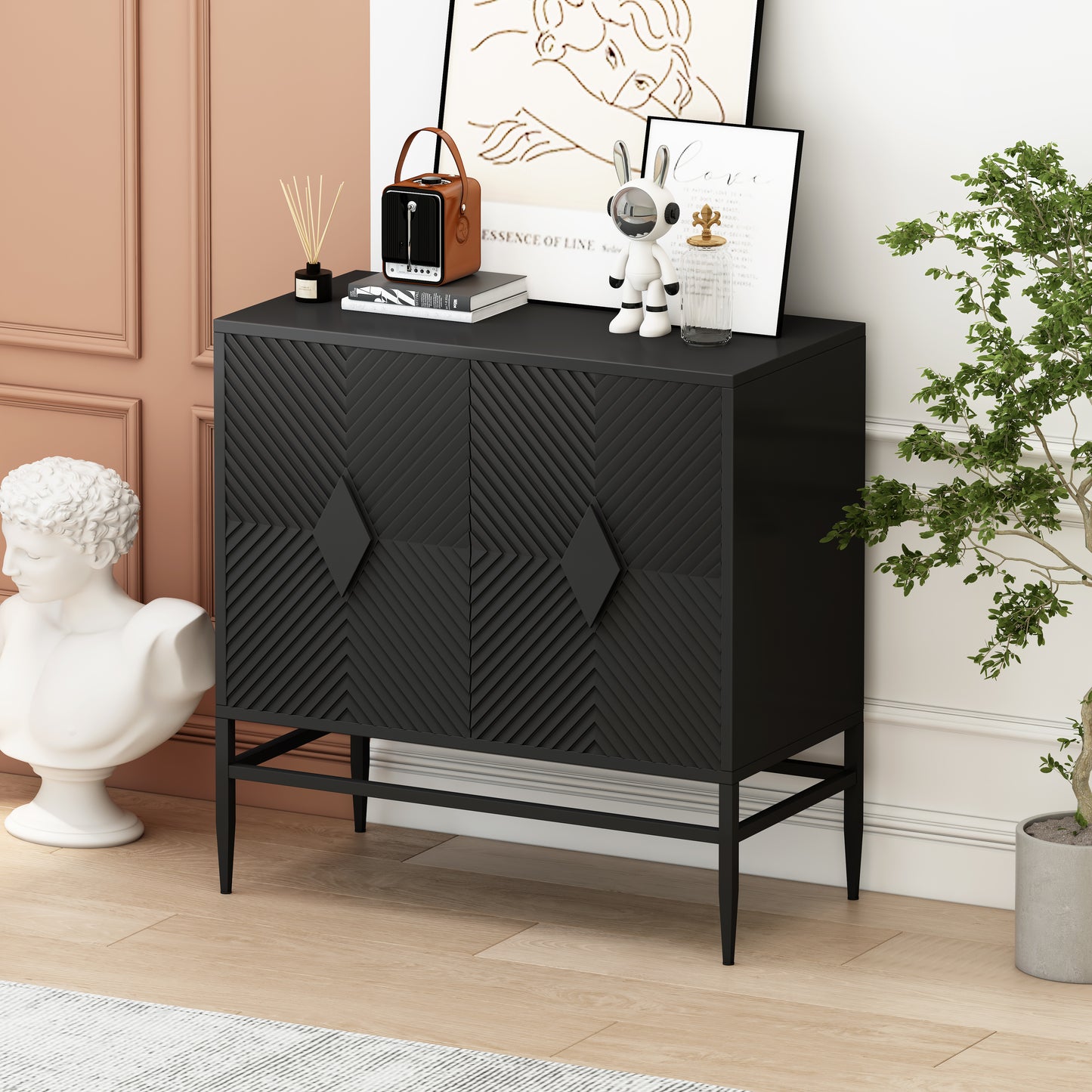 Melysen 31.50" Modern 2 Door Wooden Storage Cabinet Accent Cabinet with Metal Leg Featuring Two-tier Storage, Painted in Black