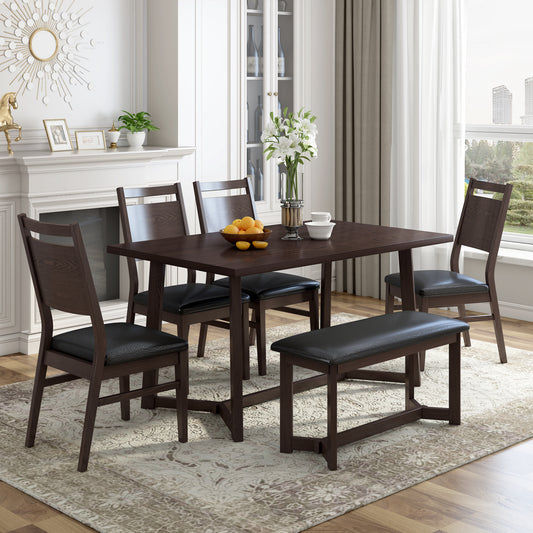 Melysen Farmhouse 6-Piece Wood Dining Table Set with 4 Upholstered Chairs and Bench