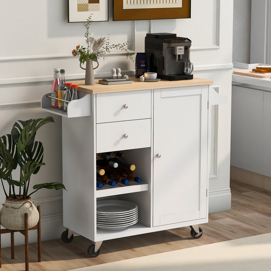 Melysen Kitchen Cart with Spice Rack ,Towel Rack & Two Drawers,Rubber wood top,Kitchen Island with 4 Wheels for Dining Rooms Kitchens Living Rooms, White