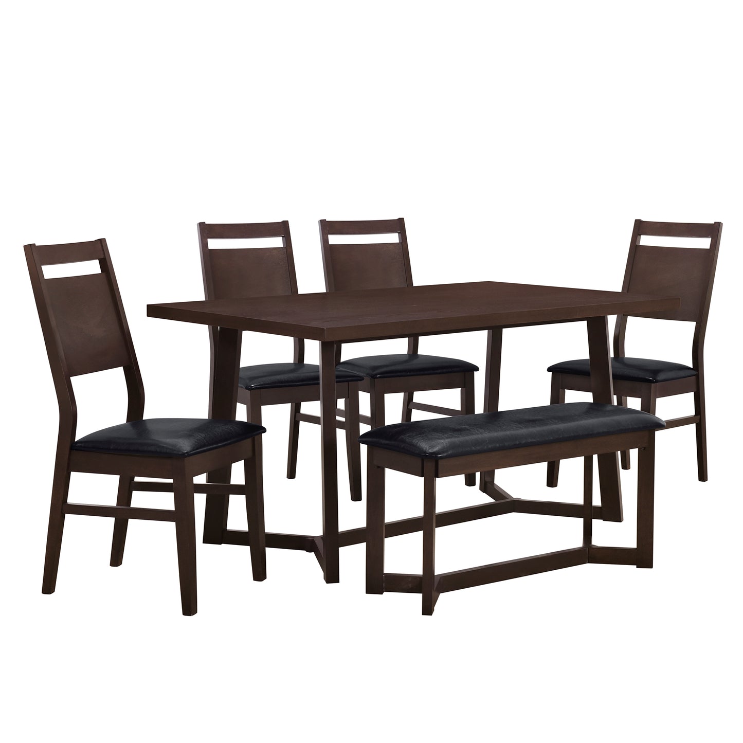 Melysen Farmhouse 6-Piece Wood Dining Table Set with 4 Upholstered Chairs and Bench