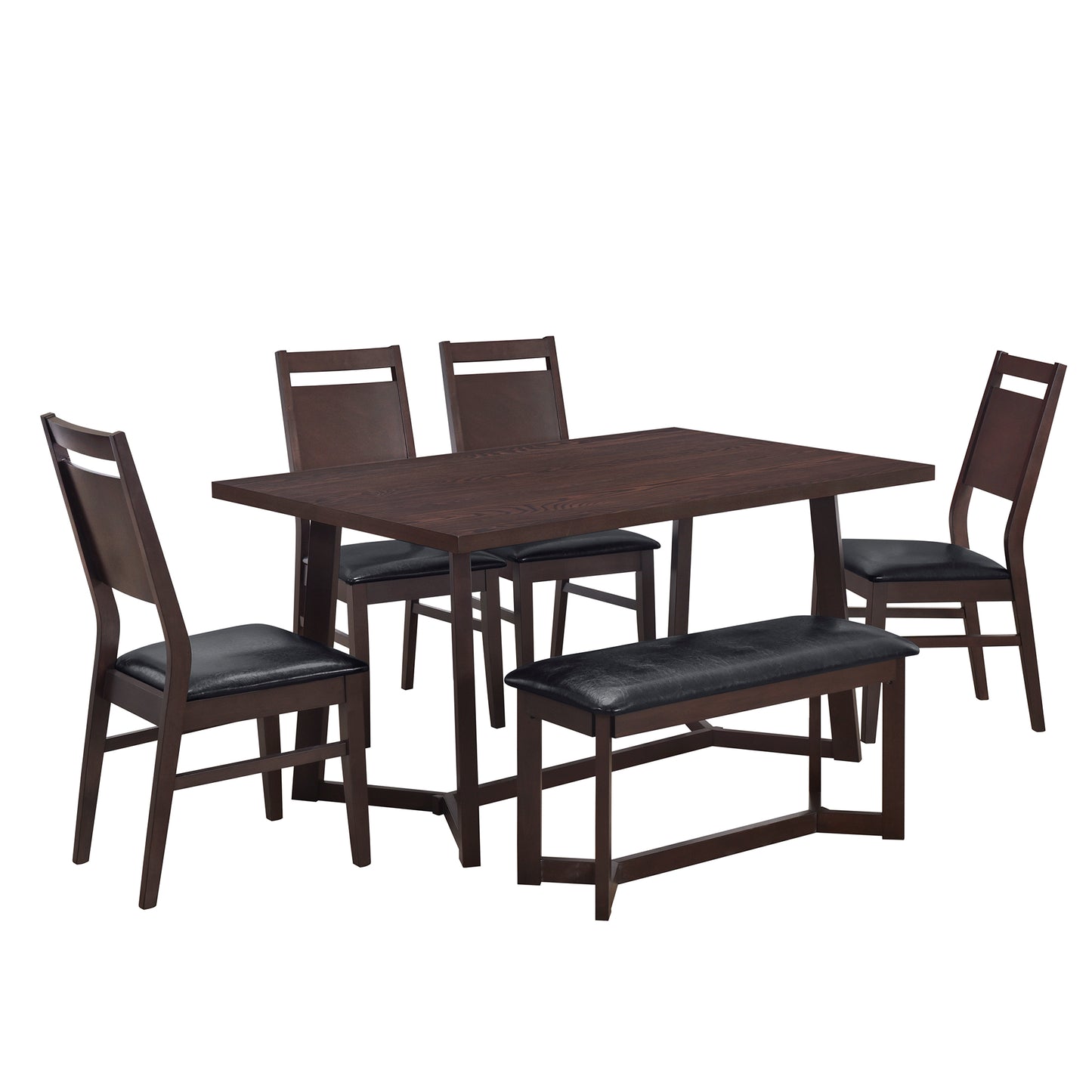 Melysen Farmhouse 6-Piece Wood Dining Table Set with 4 Upholstered Chairs and Bench