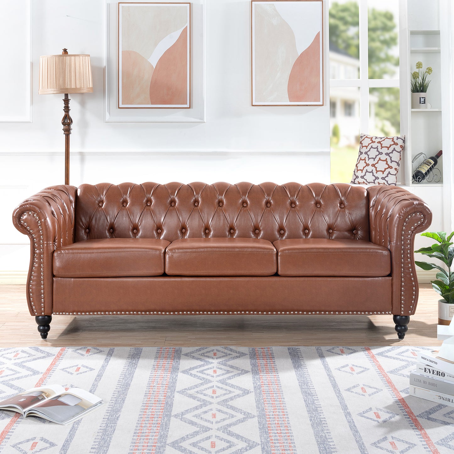 Melysen 84.65" Pu Rolled Arm Chesterfield 3seater Sofa,Brown