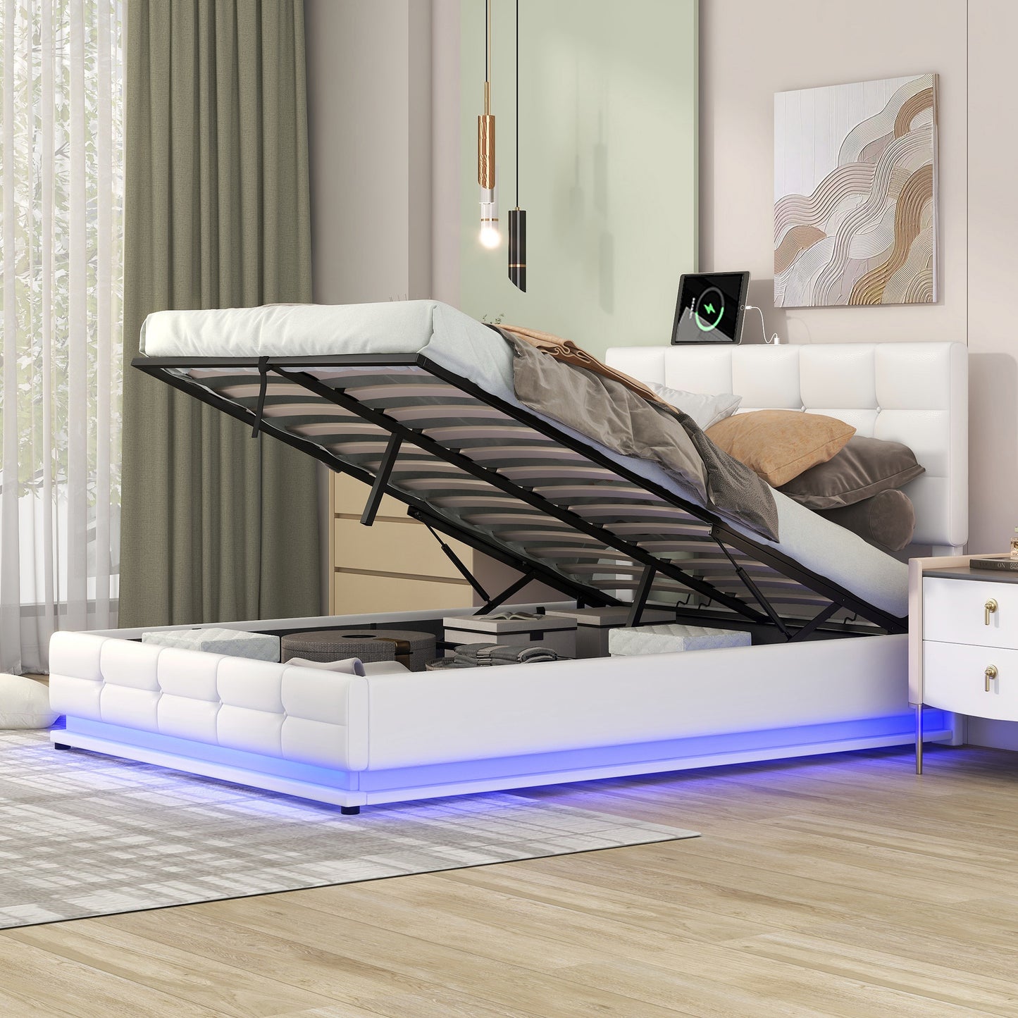 Melysen Full Size Tufted Upholstered Platform Bed with Hydraulic Storage System,PU Storage Bed with LED Lights and USB charger