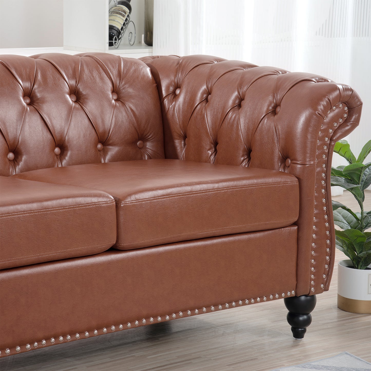 Melysen 84.65" Pu Rolled Arm Chesterfield 3seater Sofa,Brown