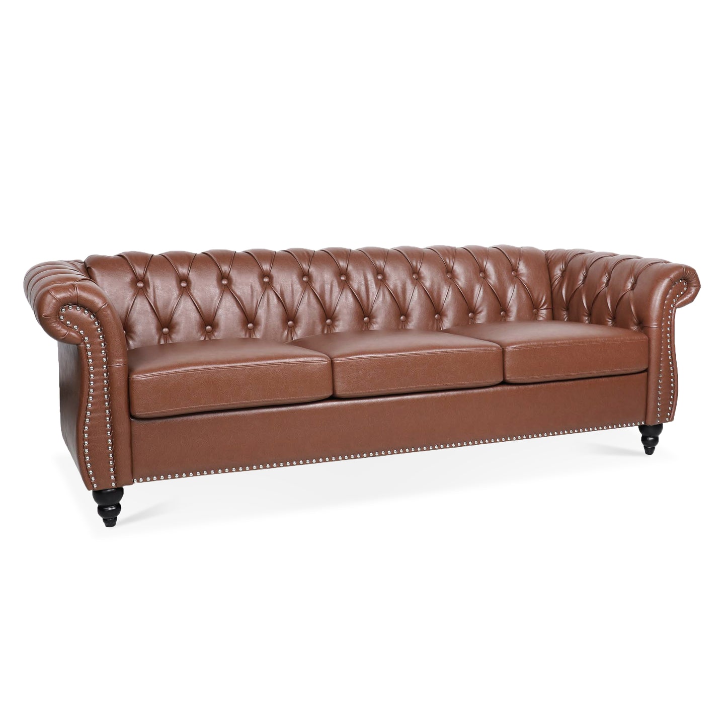 Melysen 84.65" Pu Rolled Arm Chesterfield 3seater Sofa,Brown