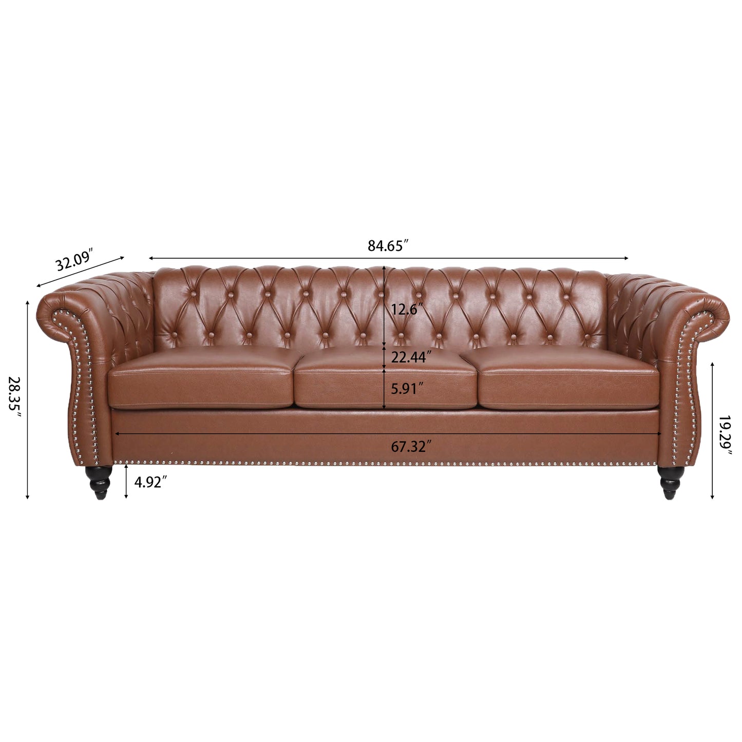 Melysen 84.65" Pu Rolled Arm Chesterfield 3seater Sofa,Brown