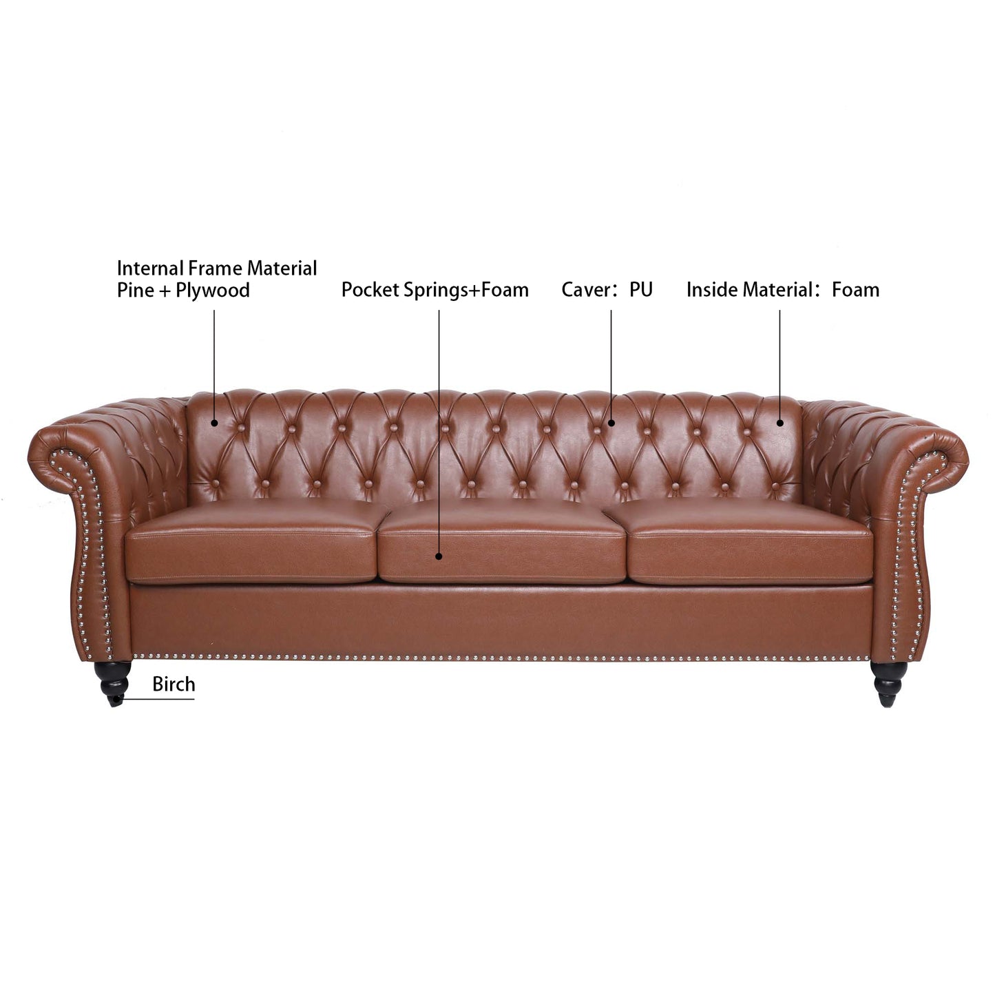 Melysen 84.65" Pu Rolled Arm Chesterfield 3seater Sofa,Brown