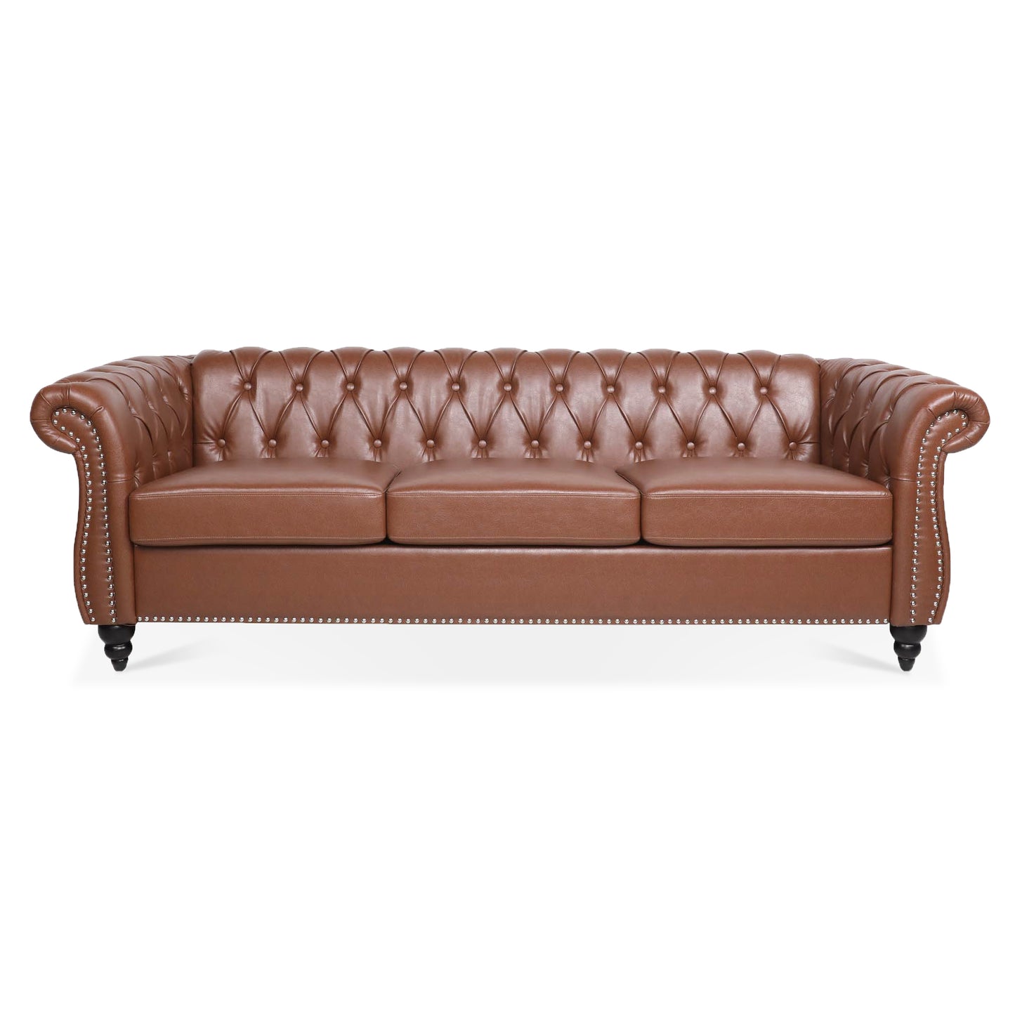 Melysen 84.65" Pu Rolled Arm Chesterfield 3seater Sofa,Brown