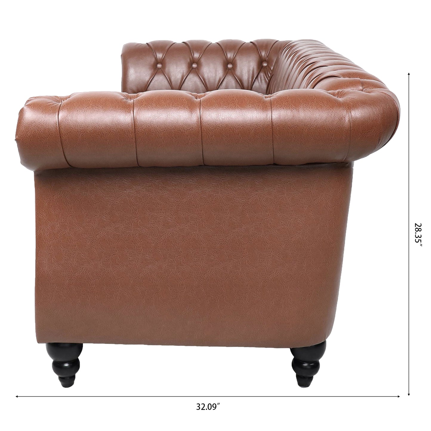 Melysen 84.65" Pu Rolled Arm Chesterfield 3seater Sofa,Brown