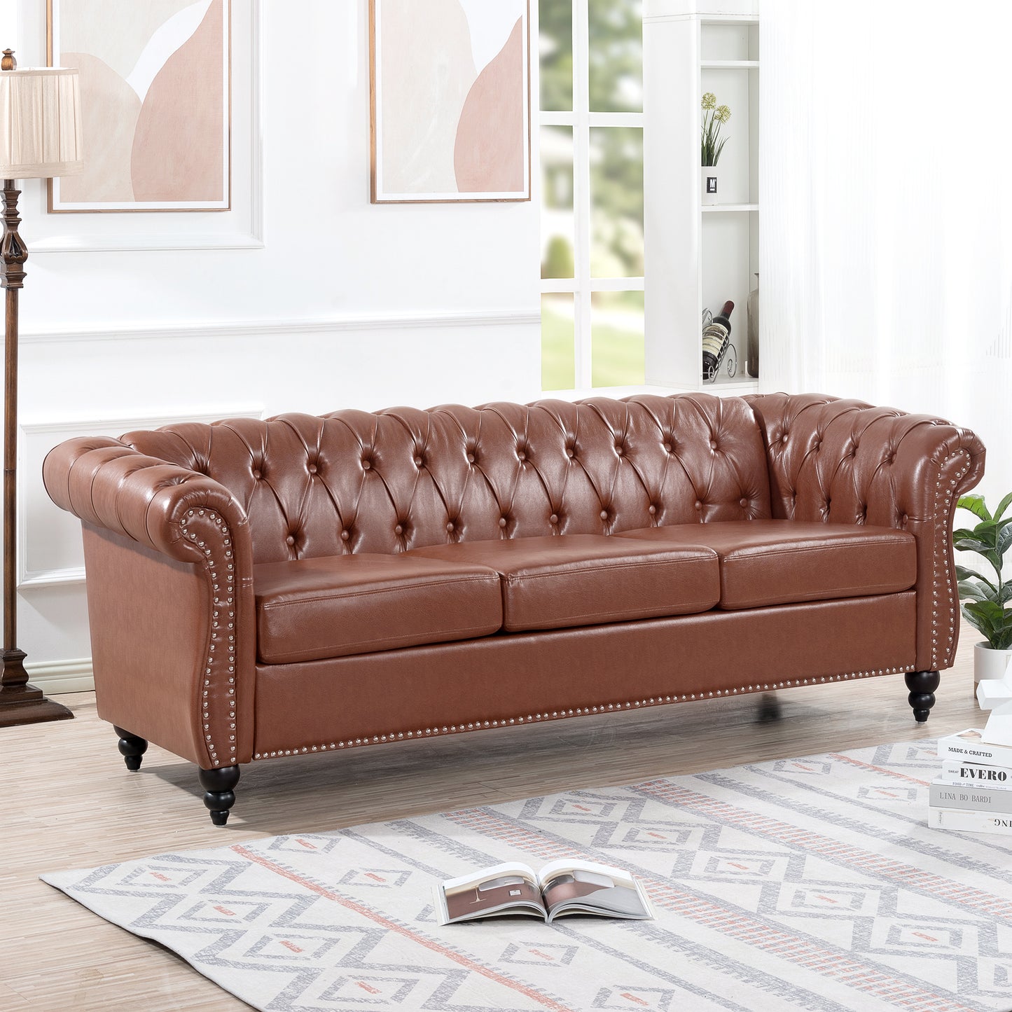 Melysen 84.65" Pu Rolled Arm Chesterfield 3seater Sofa,Brown