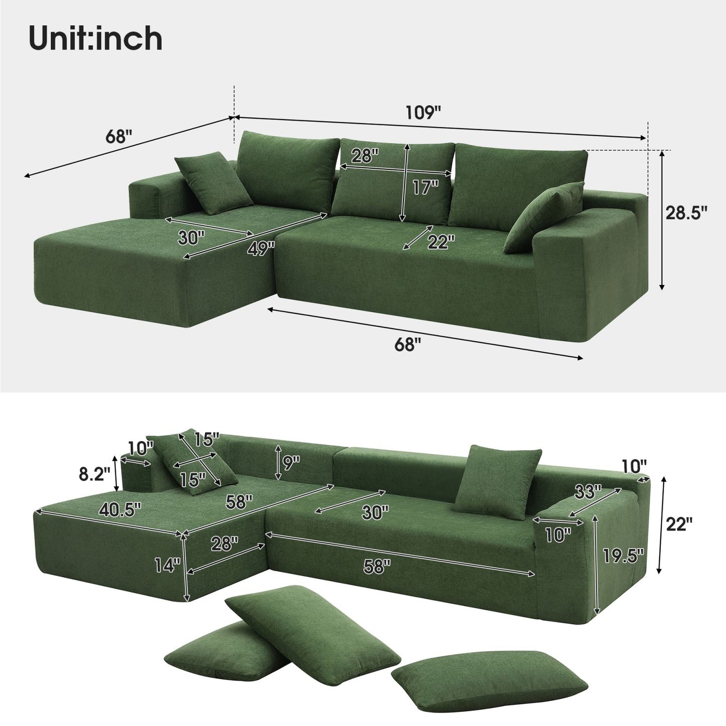 Melysen 109*68" Modular Sectional Living Room Sofa Set, Modern Minimalist Style Couch, Upholstered Sleeper Sofa for Living Room, Bedroom, Salon, 2 PC Free Combination, L-Shape, Green