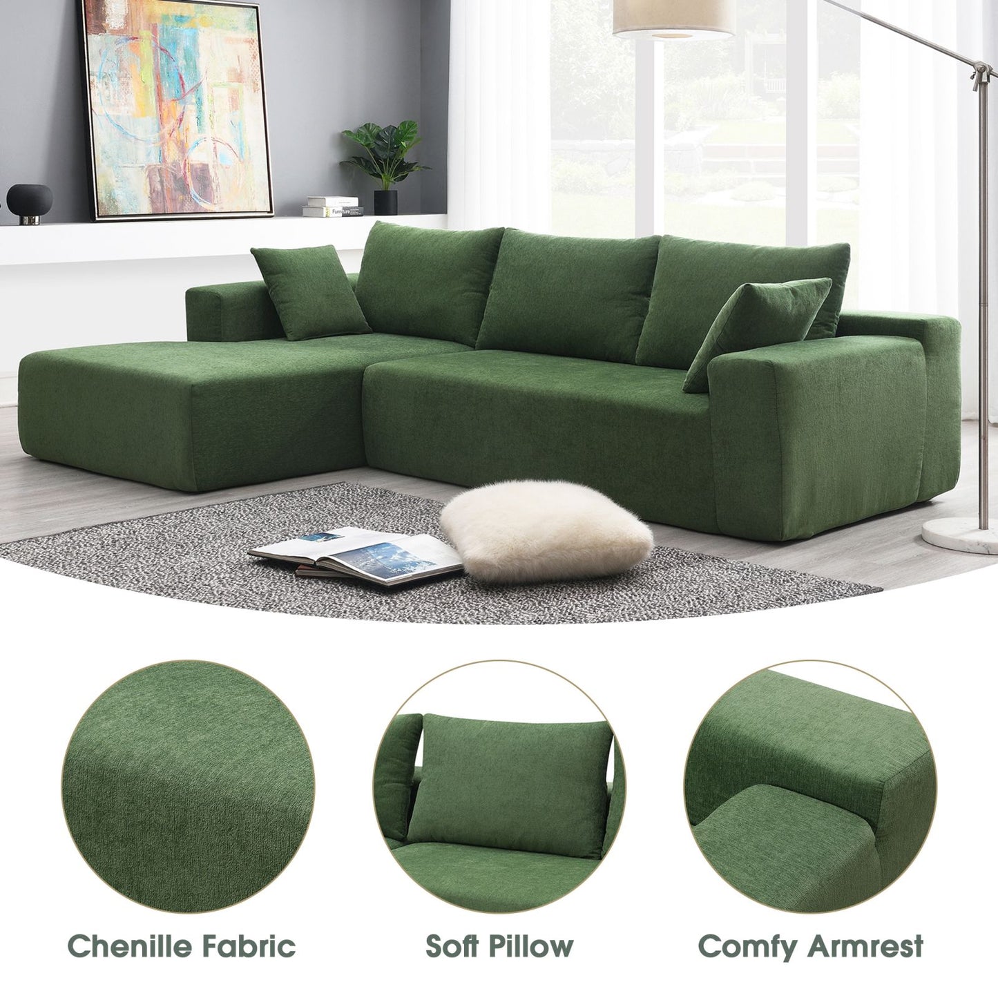 Melysen 109*68" Modular Sectional Living Room Sofa Set, Modern Minimalist Style Couch, Upholstered Sleeper Sofa for Living Room, Bedroom, Salon, 2 PC Free Combination, L-Shape, Green