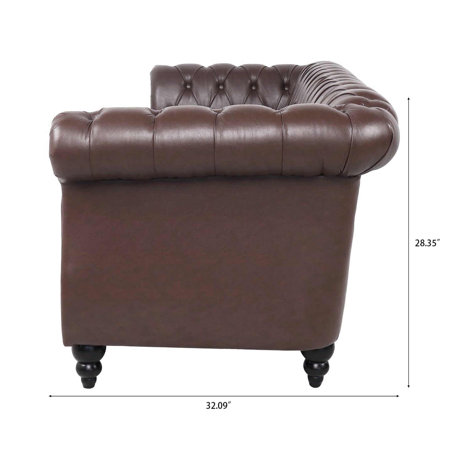 Melysen 84.65" Pu Rolled Arm Chesterfield 3seater Sofa,Dark Brown