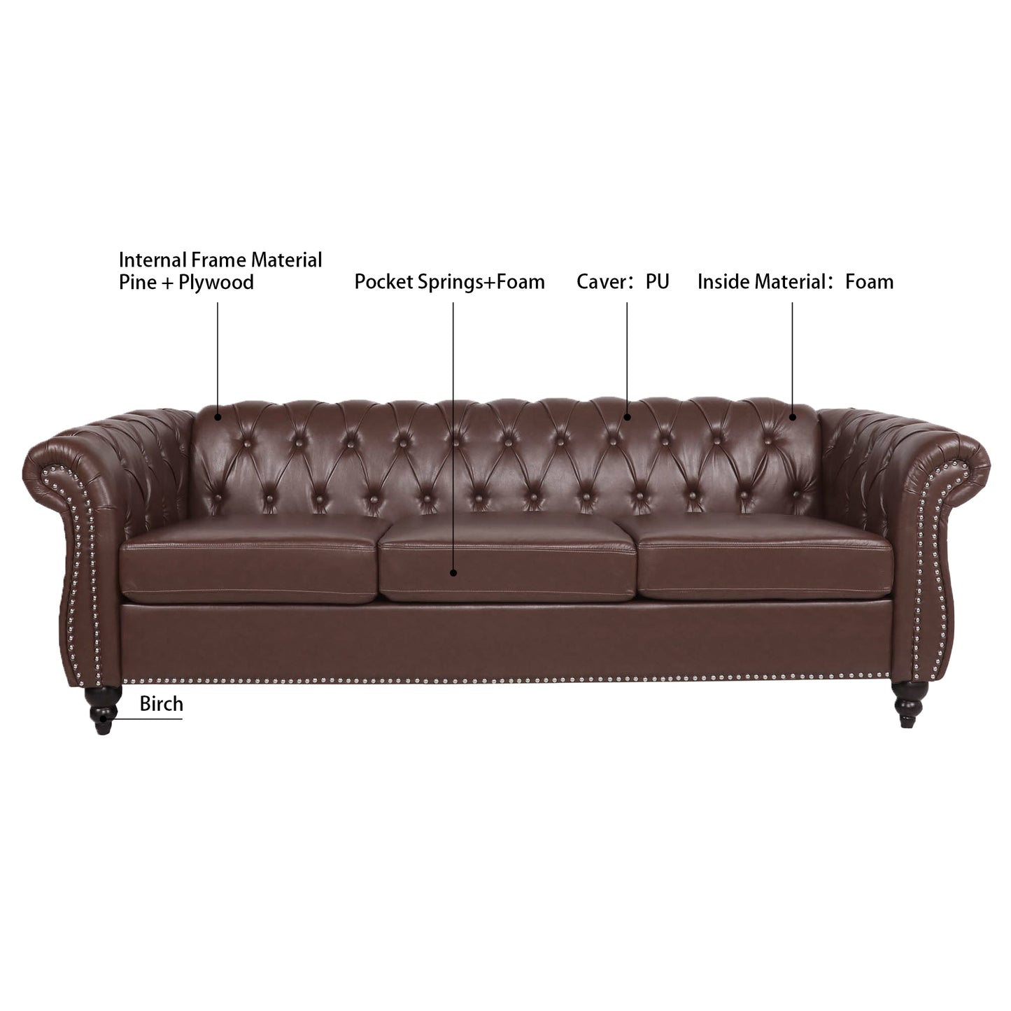 Melysen 84.65" Pu Rolled Arm Chesterfield 3seater Sofa,Dark Brown