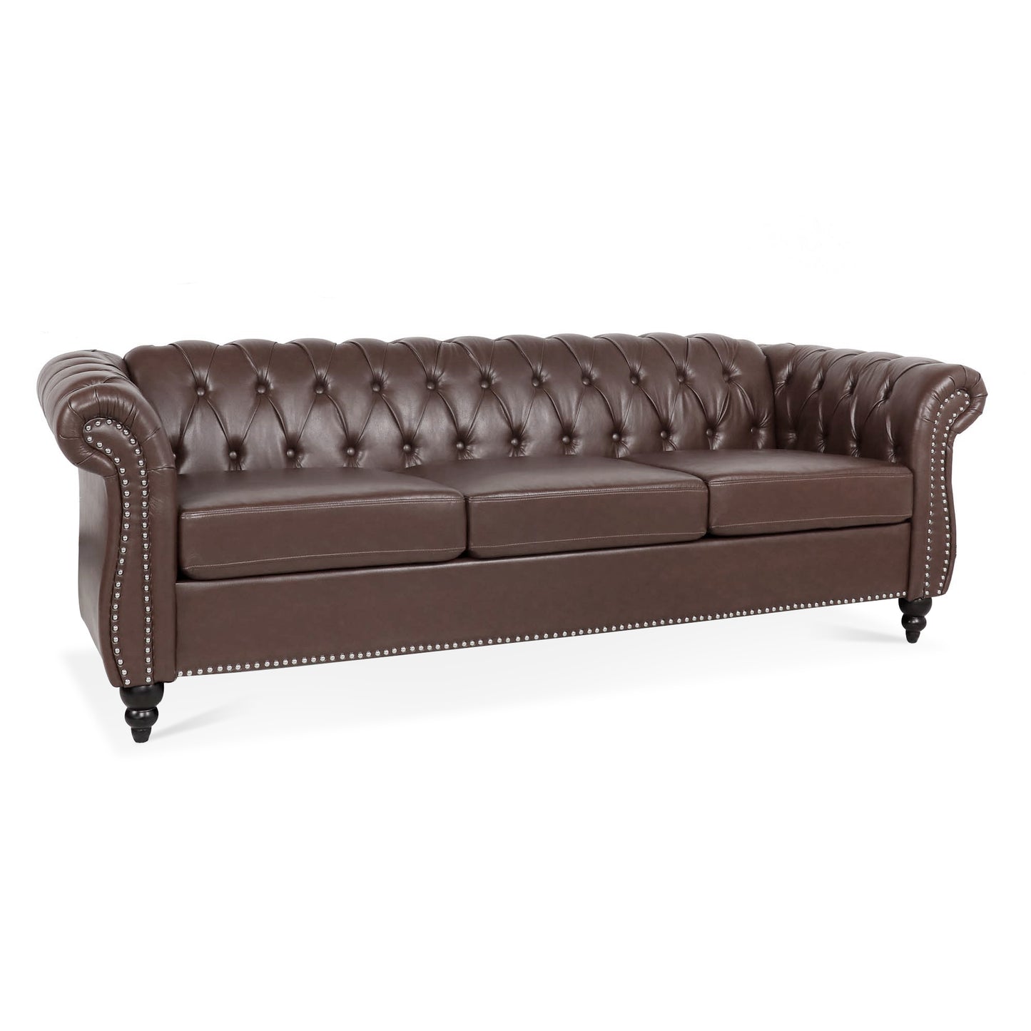 Melysen 84.65" Pu Rolled Arm Chesterfield 3seater Sofa,Dark Brown